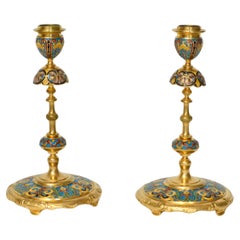 Bougeoirs en bronze émaillé champlevé F. Barbedienne, 19e siècle
