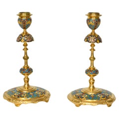 Antique 19th Century F. Barbedienne Bronze Champlevé Enamel Candlesticks 