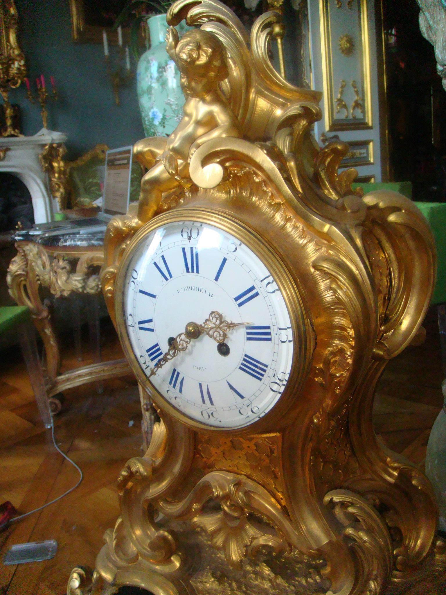 19th Century F. Barbedienne Louis XV Bronze Ormolu Large Mantel Clock, France For Sale 5