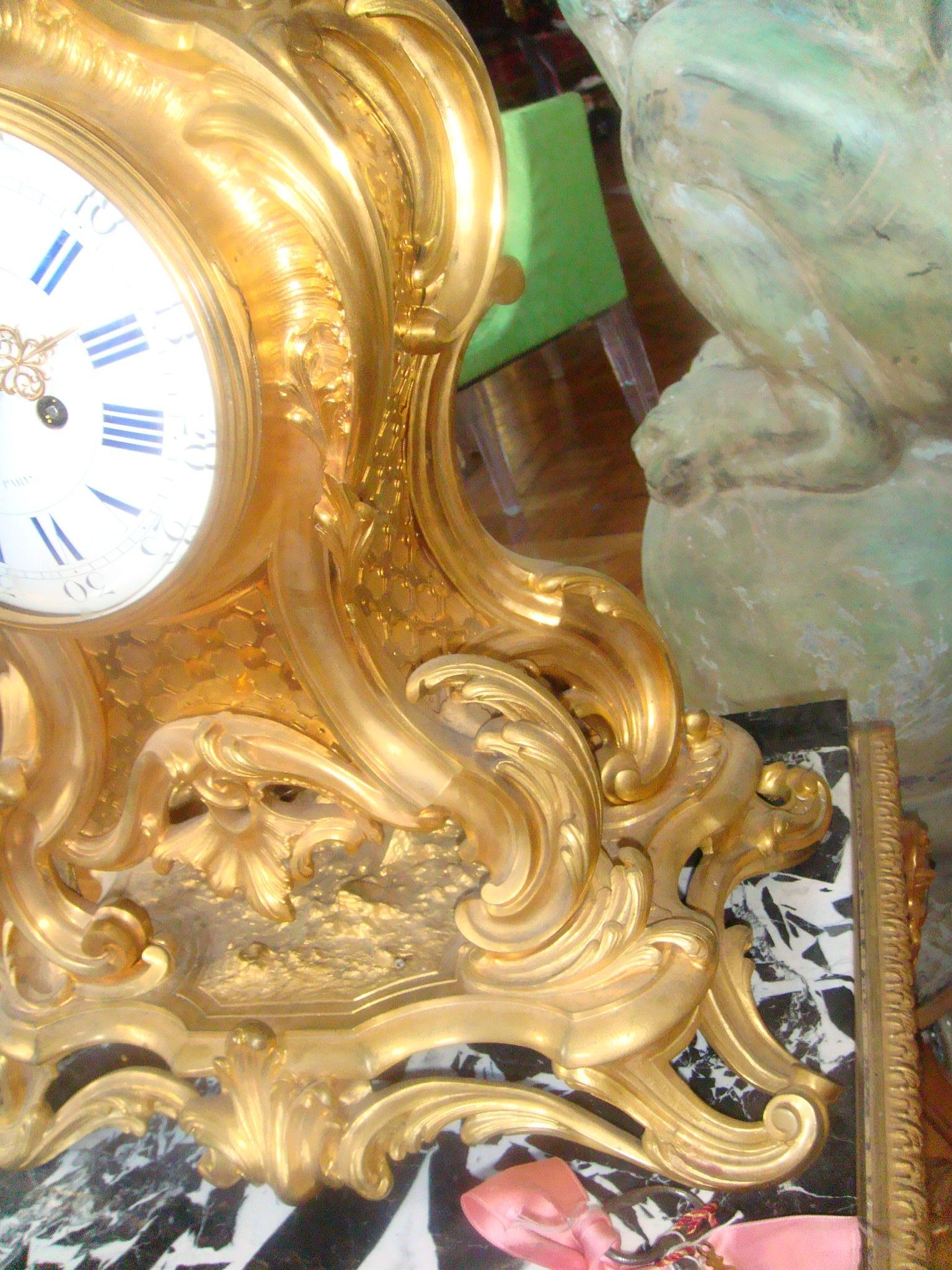 19th Century F. Barbedienne Louis XV Bronze Ormolu Large Mantel Clock, France For Sale 6