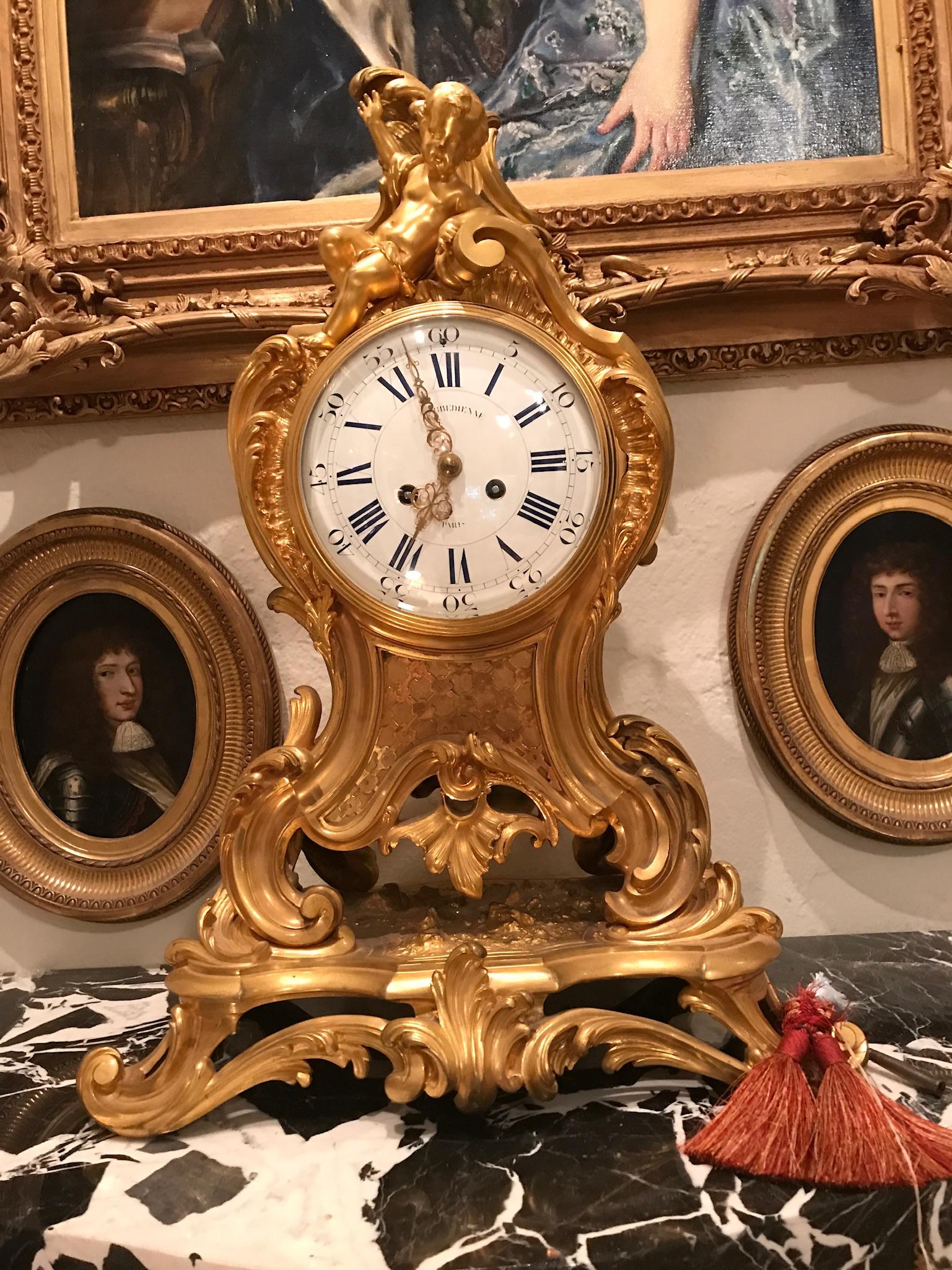 F. Barbedienne Foundry created both the case, and the movement of this spectacular, gilt bronze mantel clock. The case was expertly crafted by the celebrated French bronzeur sculpteur Ferdinand Barbedienne in the mid to late 19th century. The