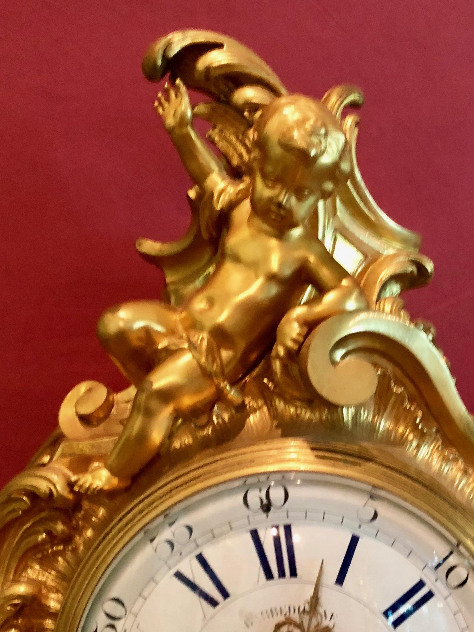 19th Century F. Barbedienne Louis XV Bronze Ormolu Large Mantel Clock, France In Good Condition For Sale In Fort Lauderdale, FL