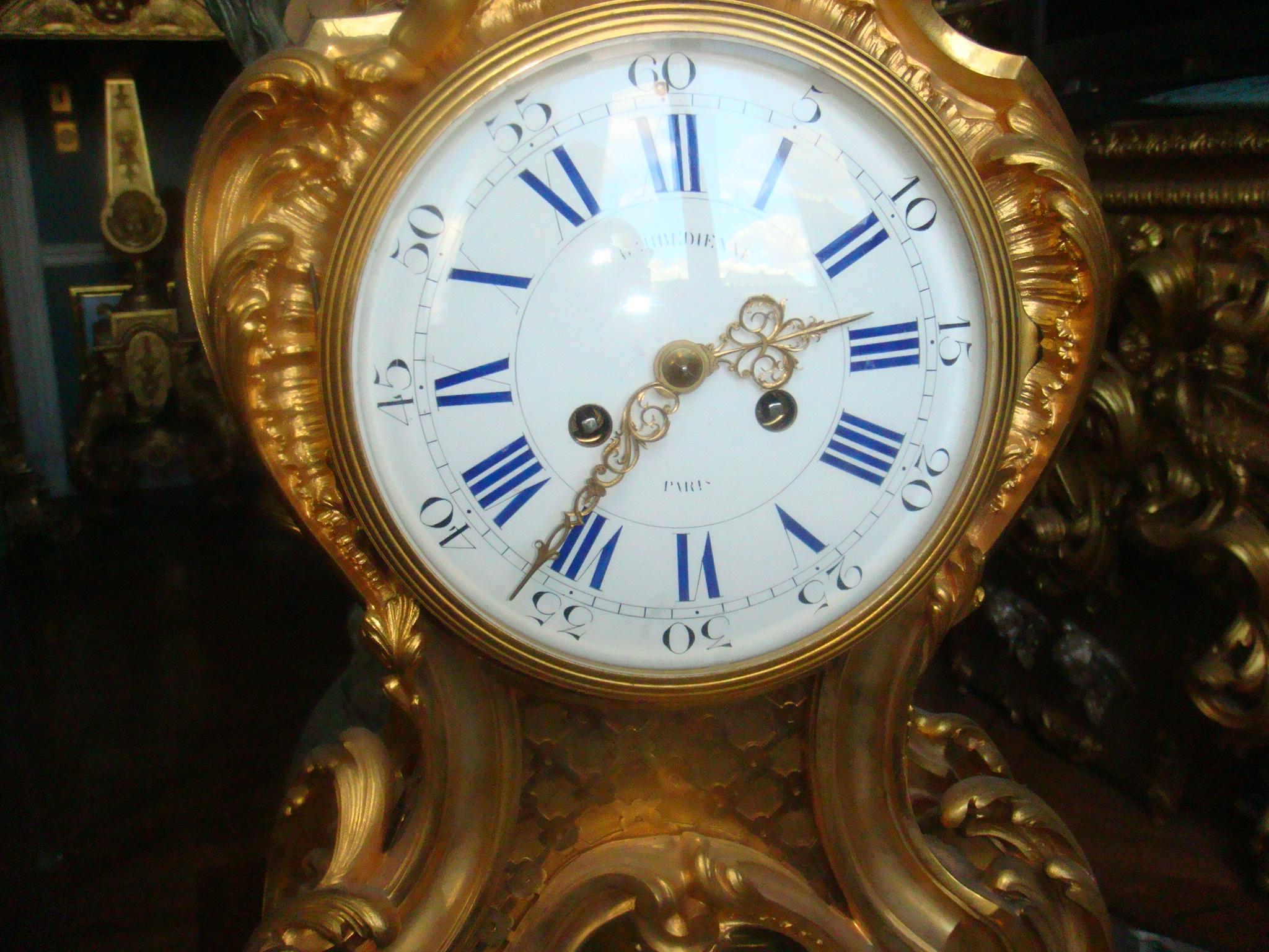 19th Century F. Barbedienne Louis XV Bronze Ormolu Large Mantel Clock, France For Sale 1