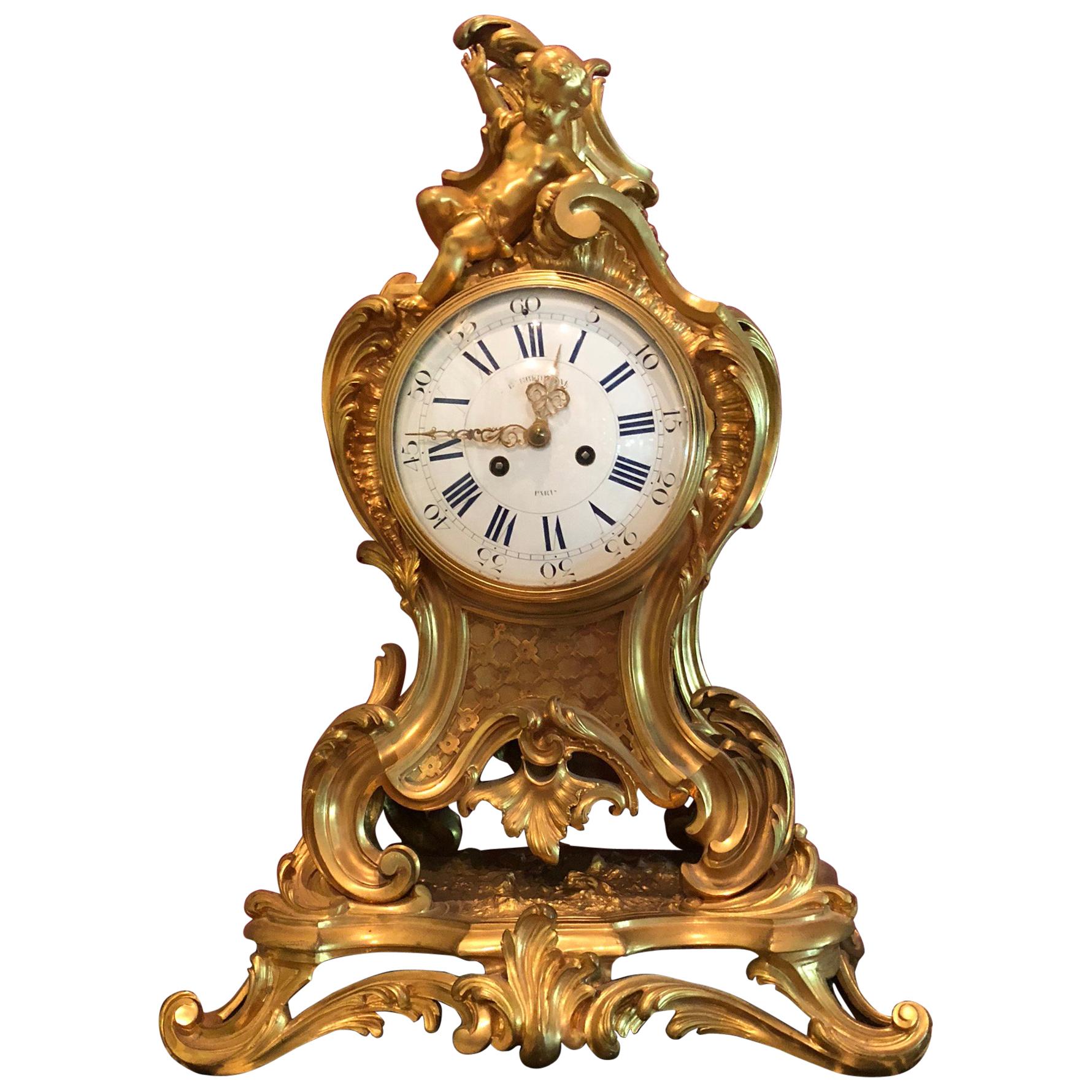 19th Century F. Barbedienne Louis XV Bronze Ormolu Large Mantel Clock, France For Sale