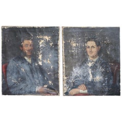 19th Century Faded English Country House Half Length Portraits, Husband & Wife