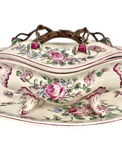 19th Century Faience Soup Tureen with Lid & Platter, Hand-Painted
