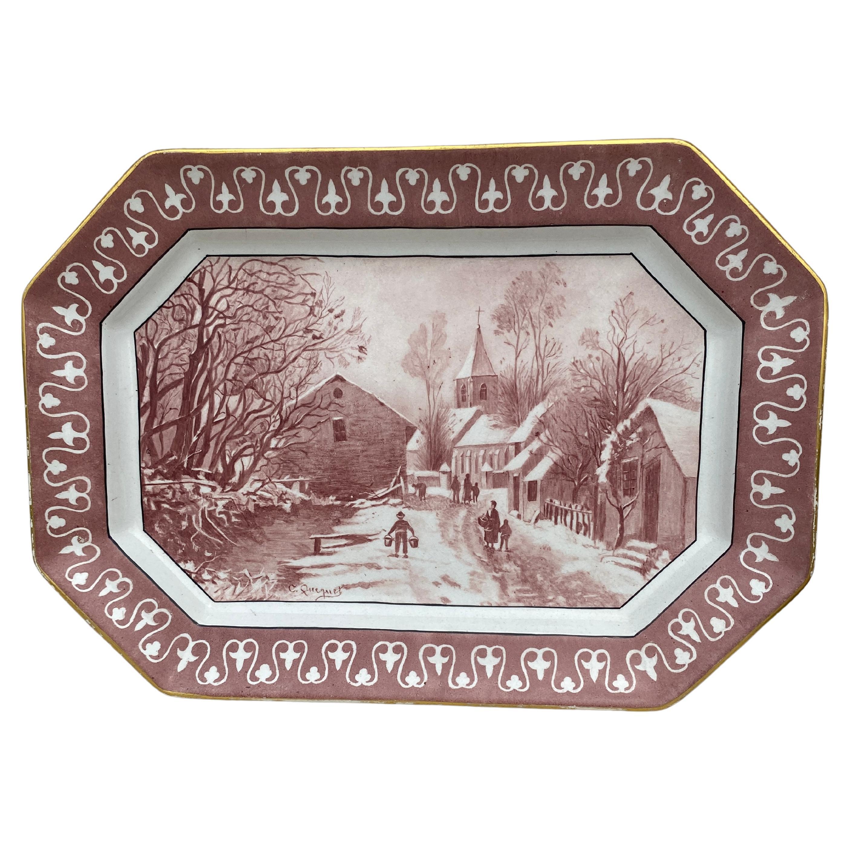 19th Century Faience Winter Scene Platter Hippolyte Boulenger Choisy Le Roi For Sale
