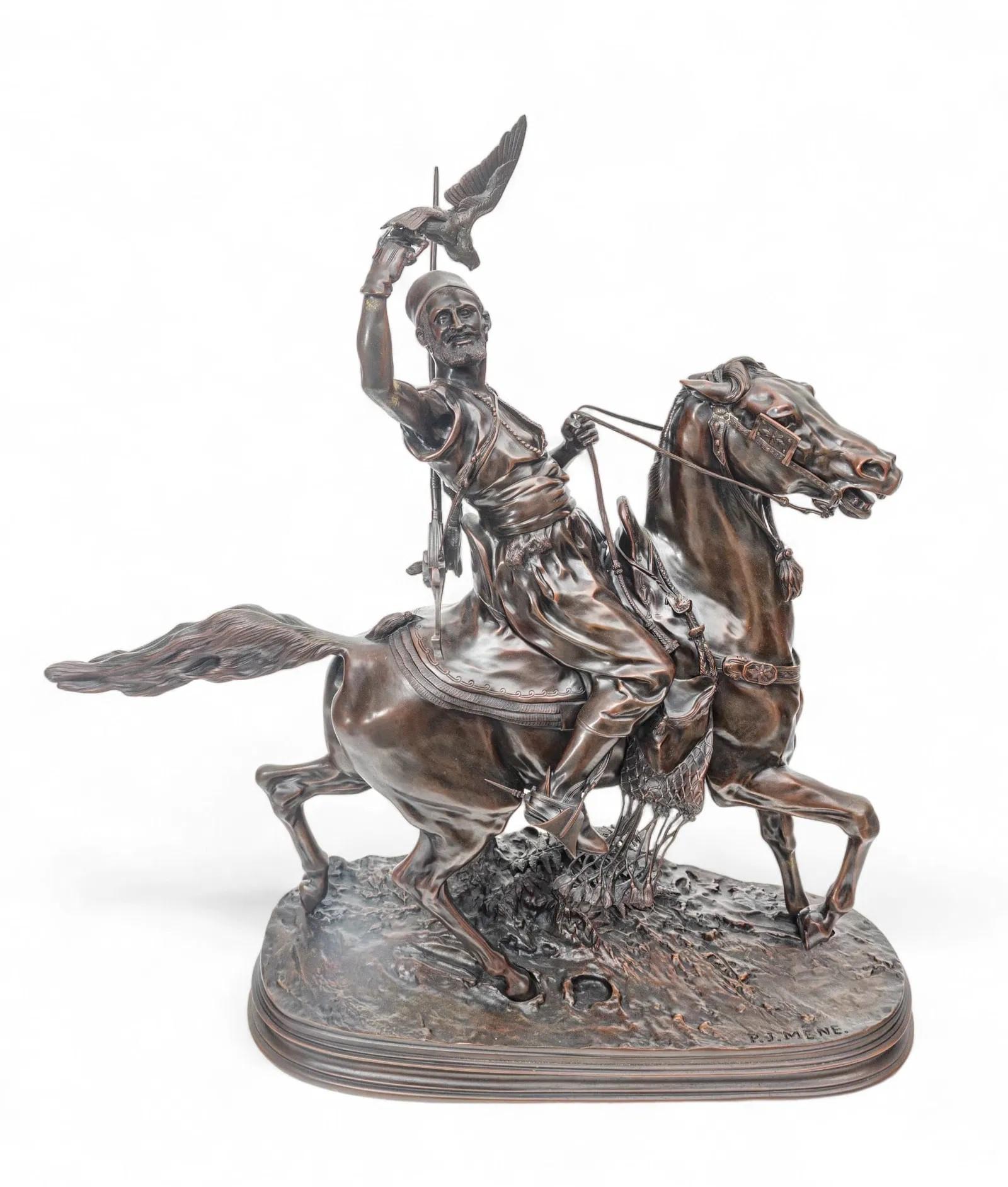 Falconer on horseback after the original model by the French master, Pierre Jules Mene (1810-1879), measuring 28 in tall, 29 inches wide and 9 in deep.

