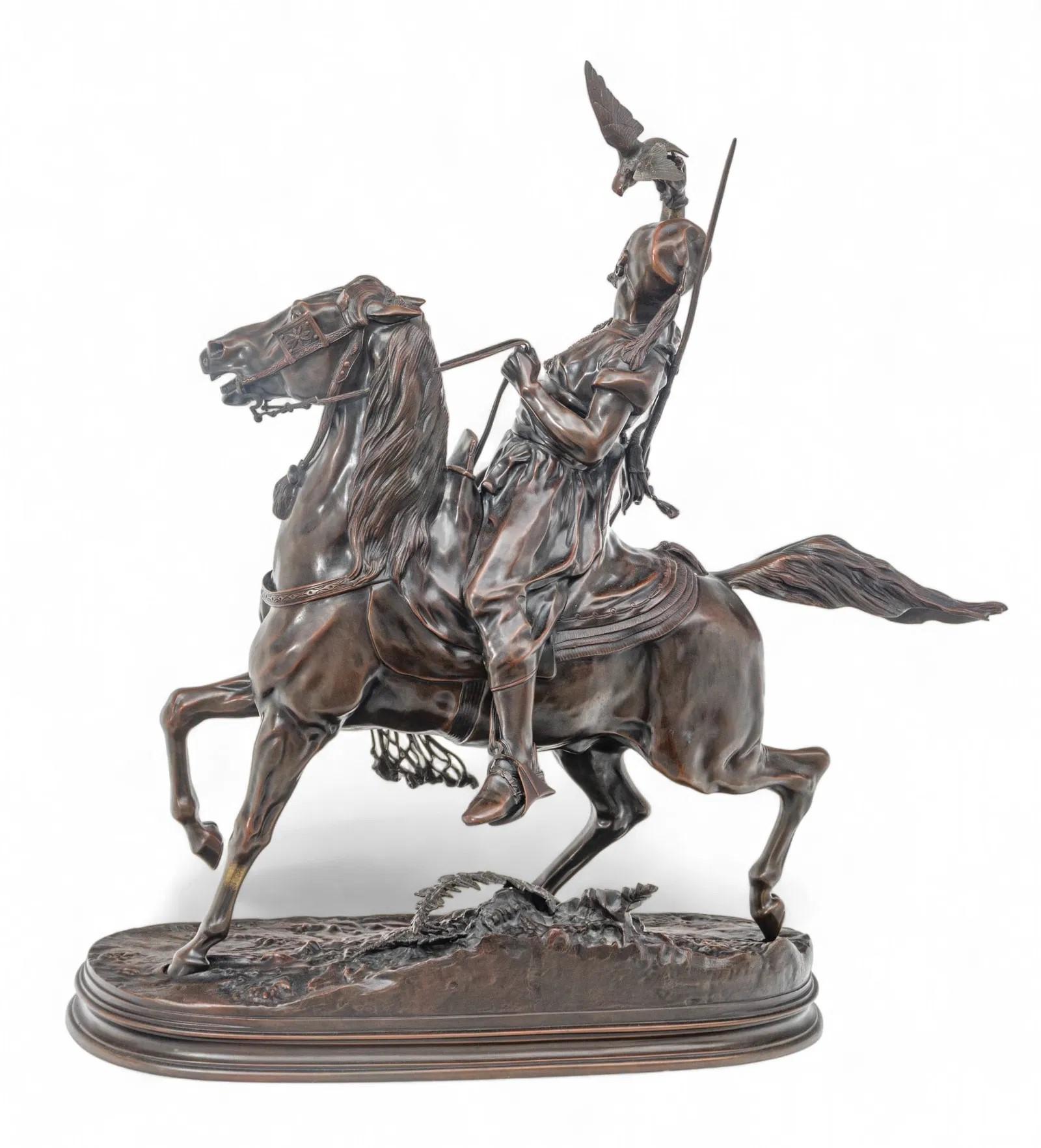 French 19th Century Falconer on Horseback Bronze Sculpture After Pierre Jules Mene For Sale