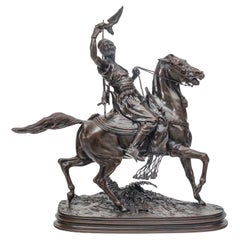 Escultura de bronce de cetrero a caballo del siglo XIX según Pierre Jules Mene