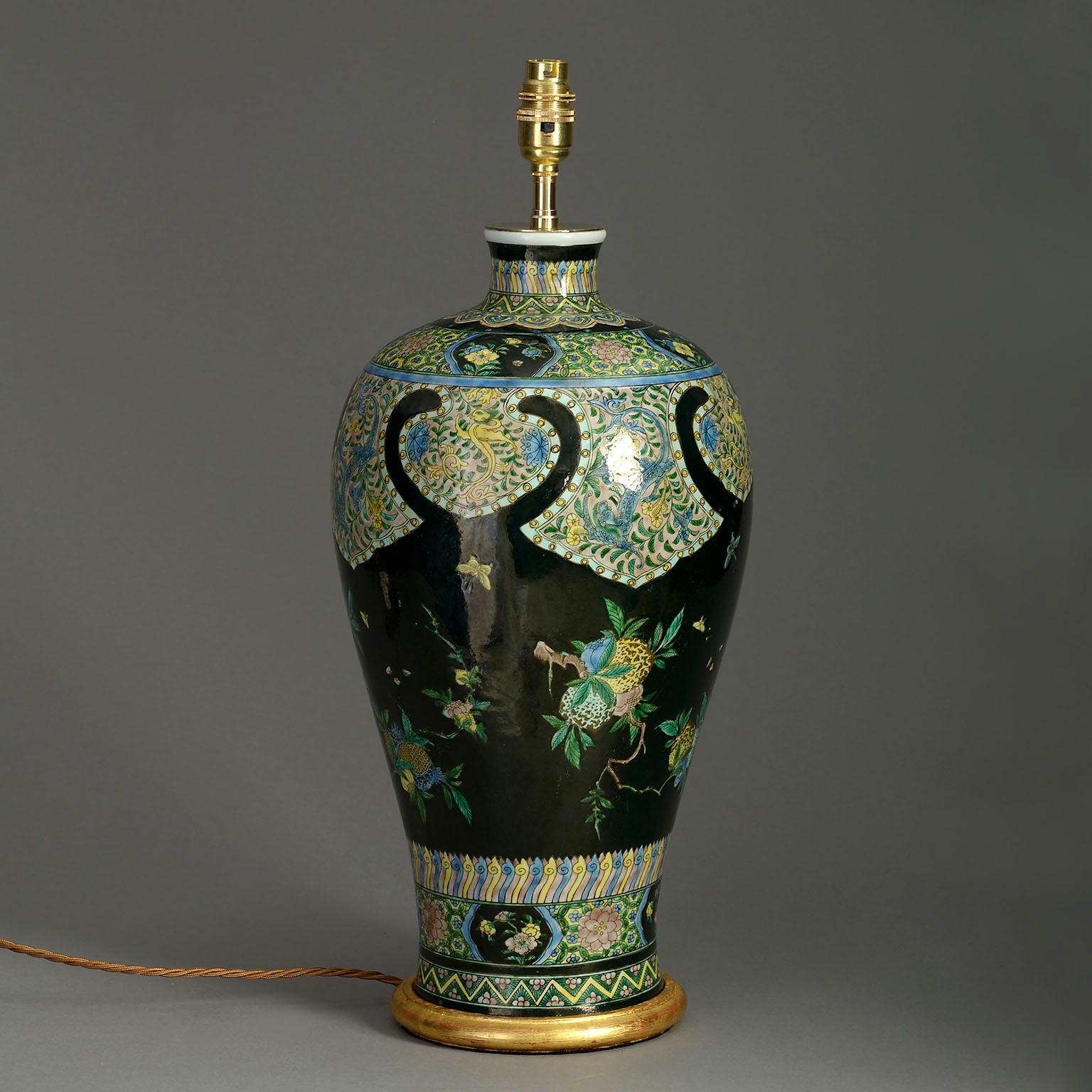 Chinese Export 19th Century Famille Noire Porcelain Vase Lamp For Sale