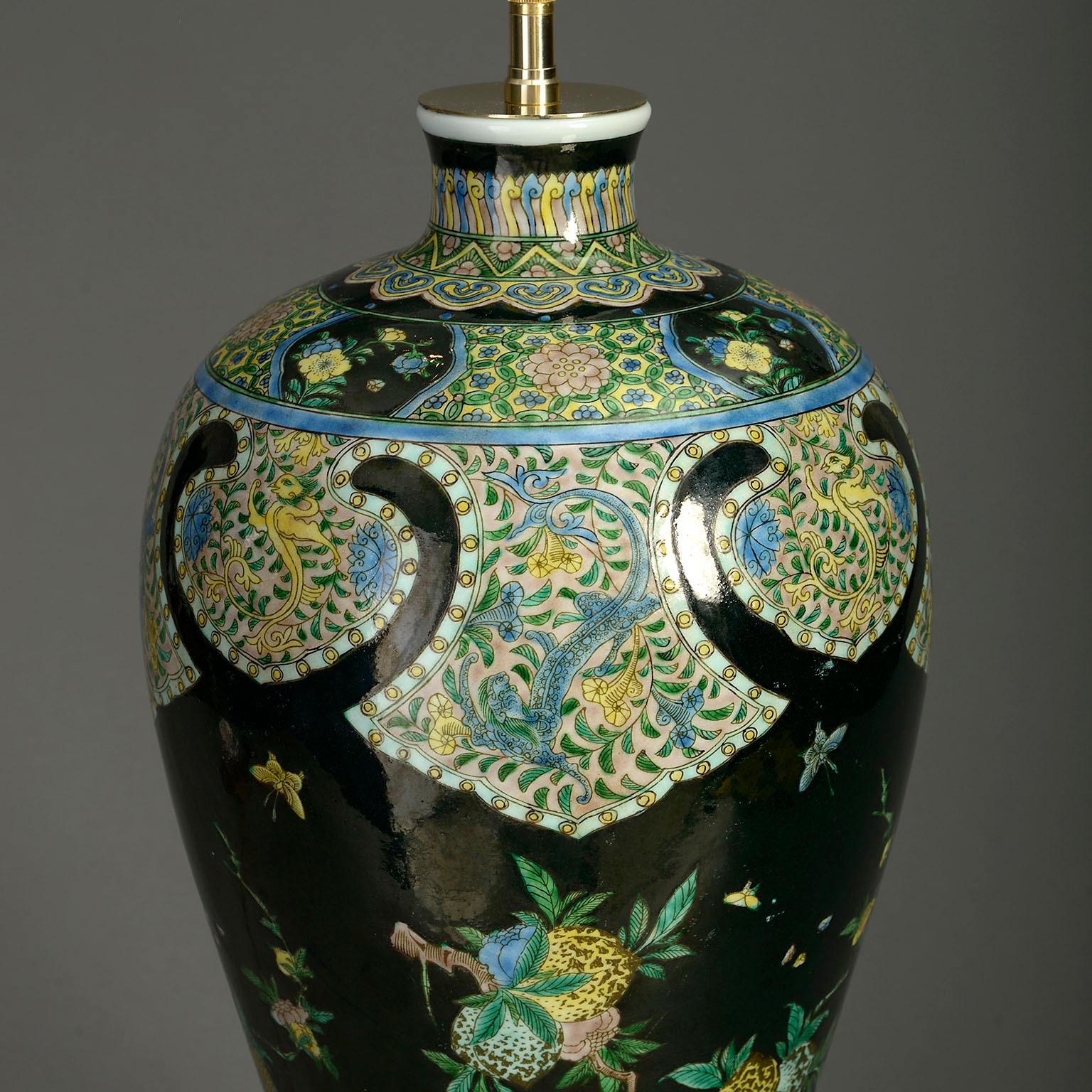 Chinese 19th Century Famille Noire Porcelain Vase Lamp For Sale