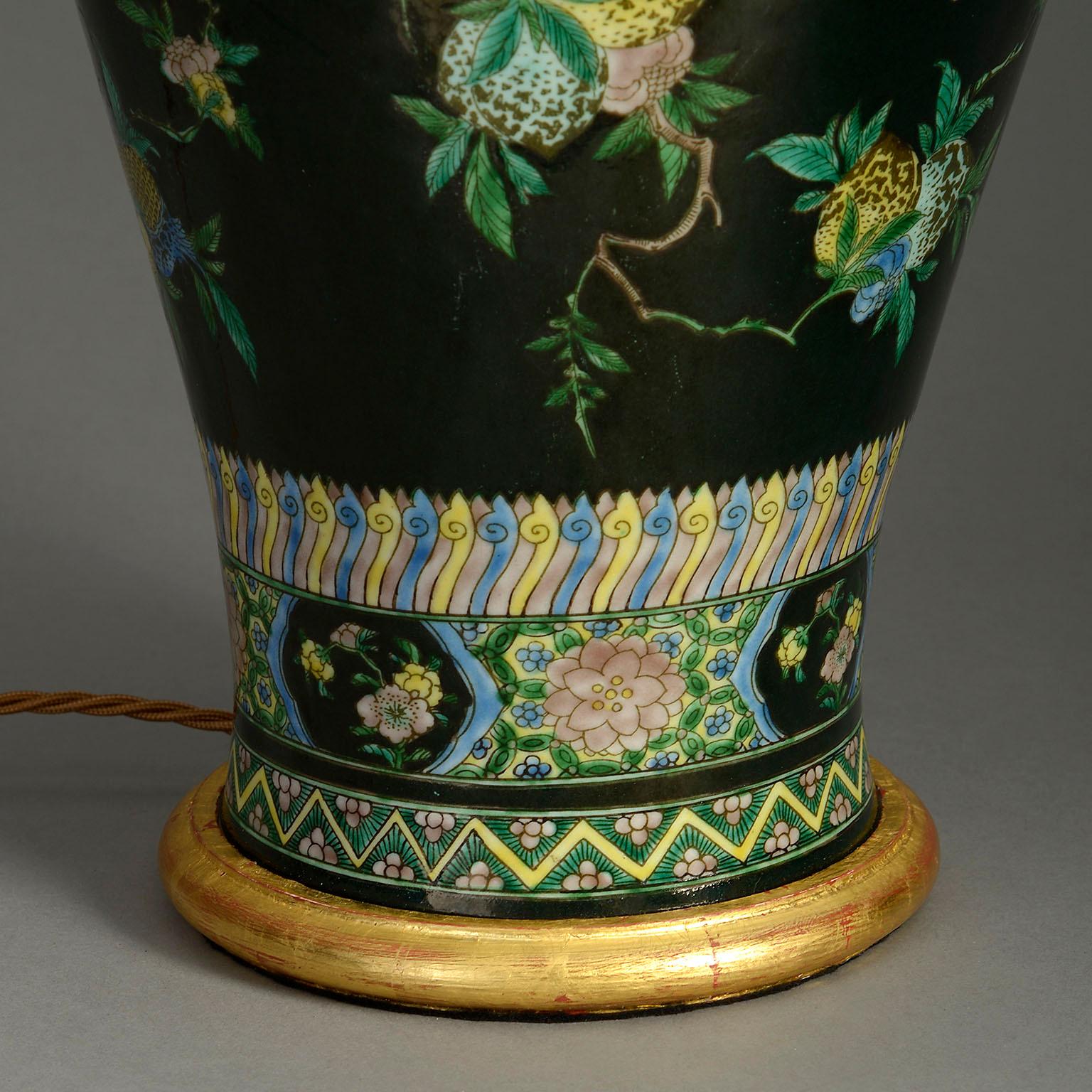 Glazed 19th Century Famille Noire Porcelain Vase Lamp For Sale