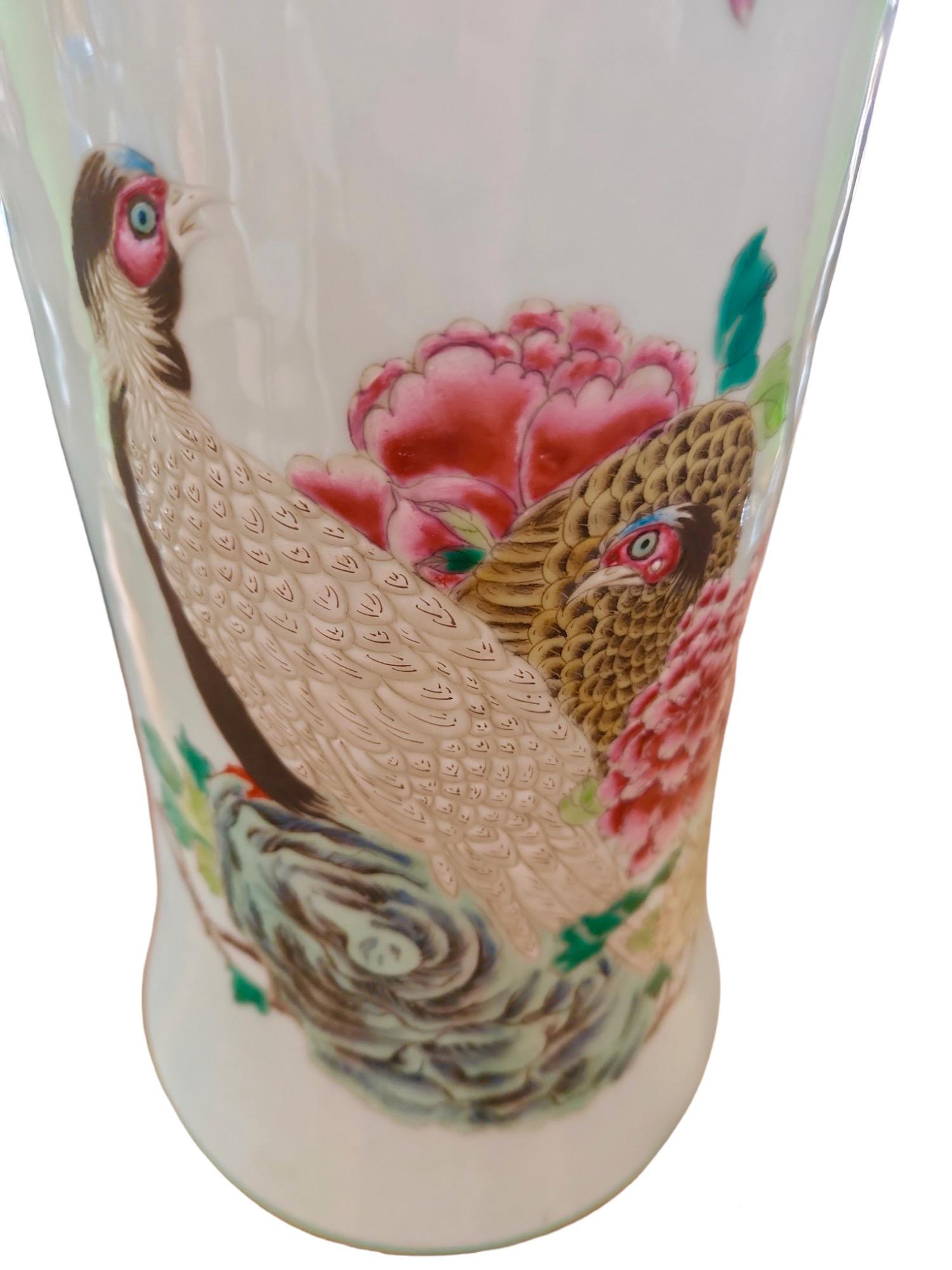 Very finely detailed large Chinese beaker with flower and bird motif. No cracks, breaks or repairs.