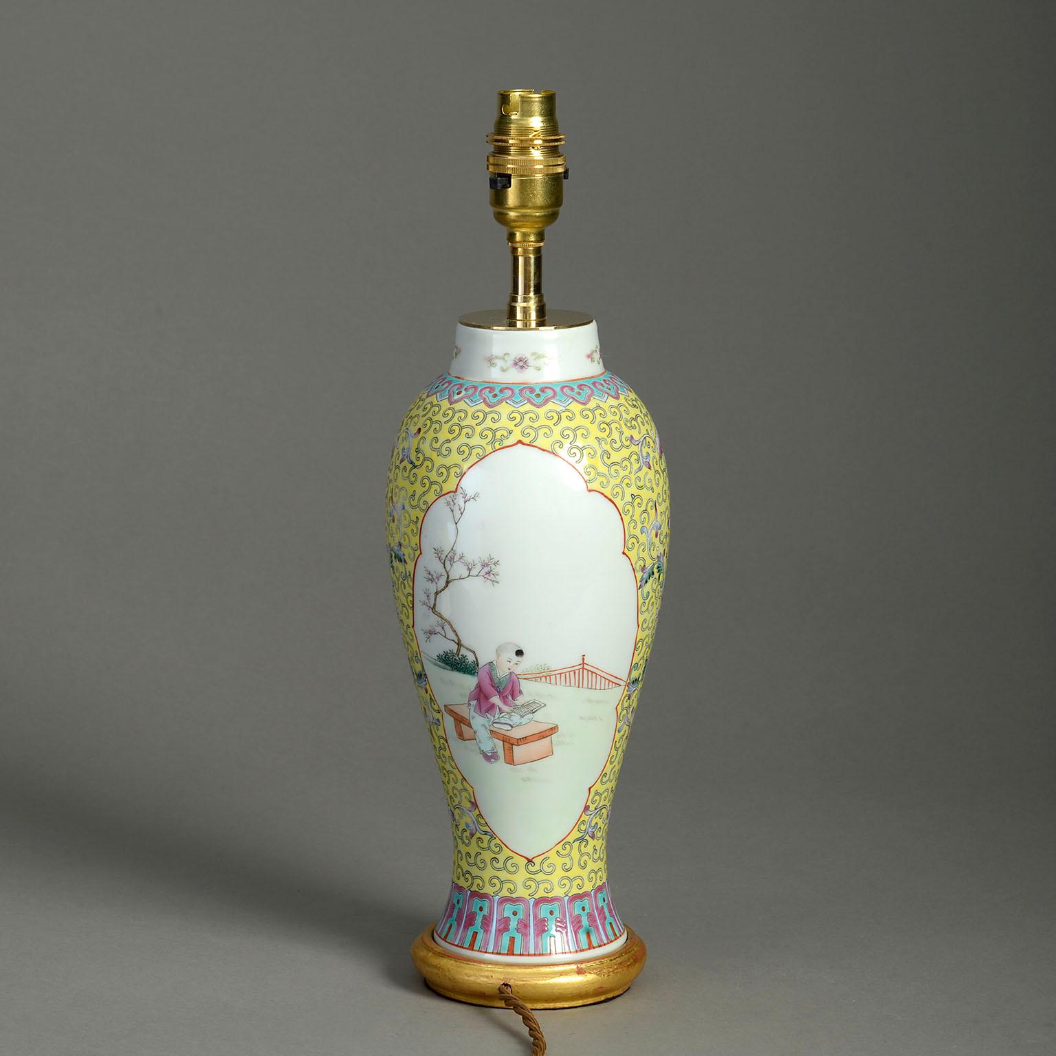 Chinese 19th Century Famille Rose Porcelain Vase Lamp