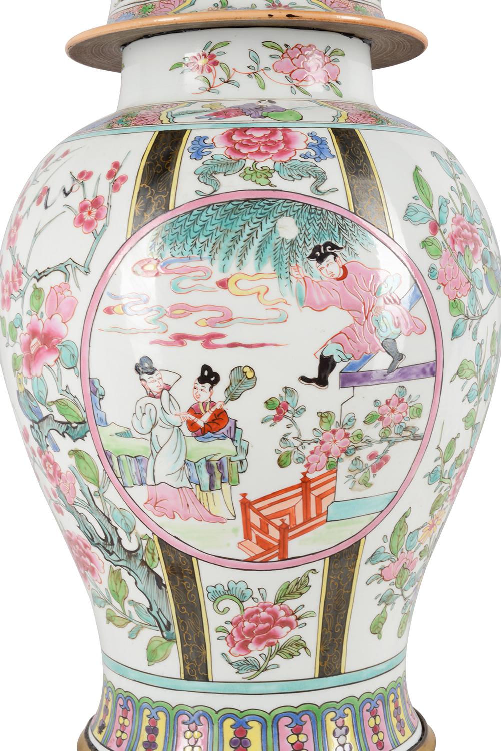 Hand-Painted 19th Century Famille Rose Style Samson Porcelain Vase / Lamp For Sale