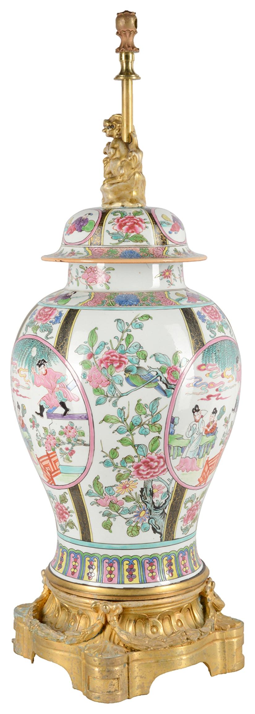 19th Century Famille Rose Style Samson Porcelain Vase / Lamp In Good Condition For Sale In Brighton, Sussex