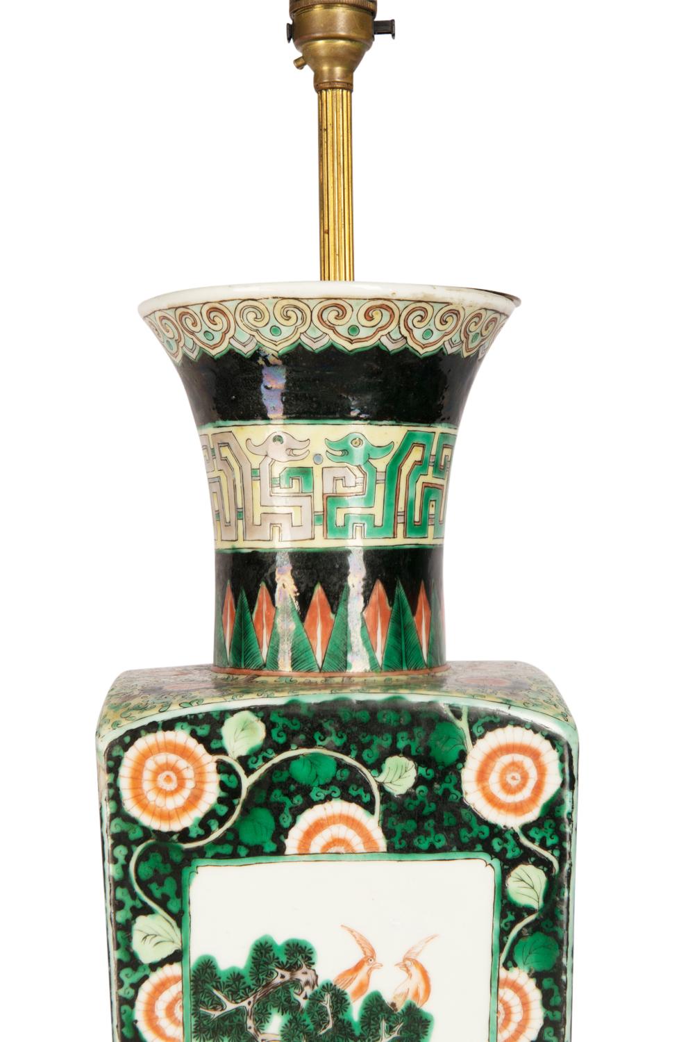 Hand-Painted 19th Century Famille Verte Chinese Vase or Lamp For Sale