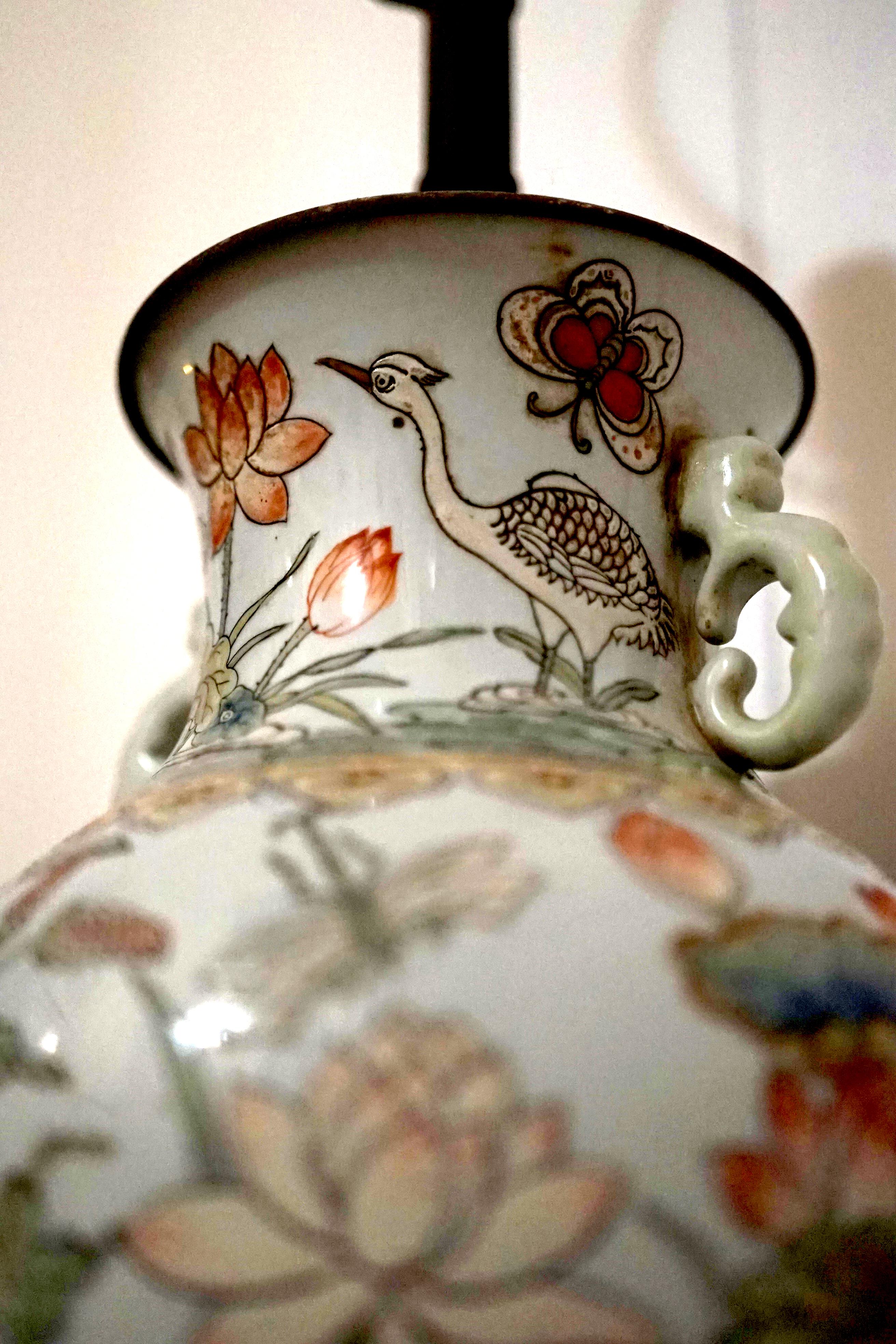 Chinese Export 19th Century Famille Verte Vase Lamp Conversion on White Ground Large, Unusual  For Sale