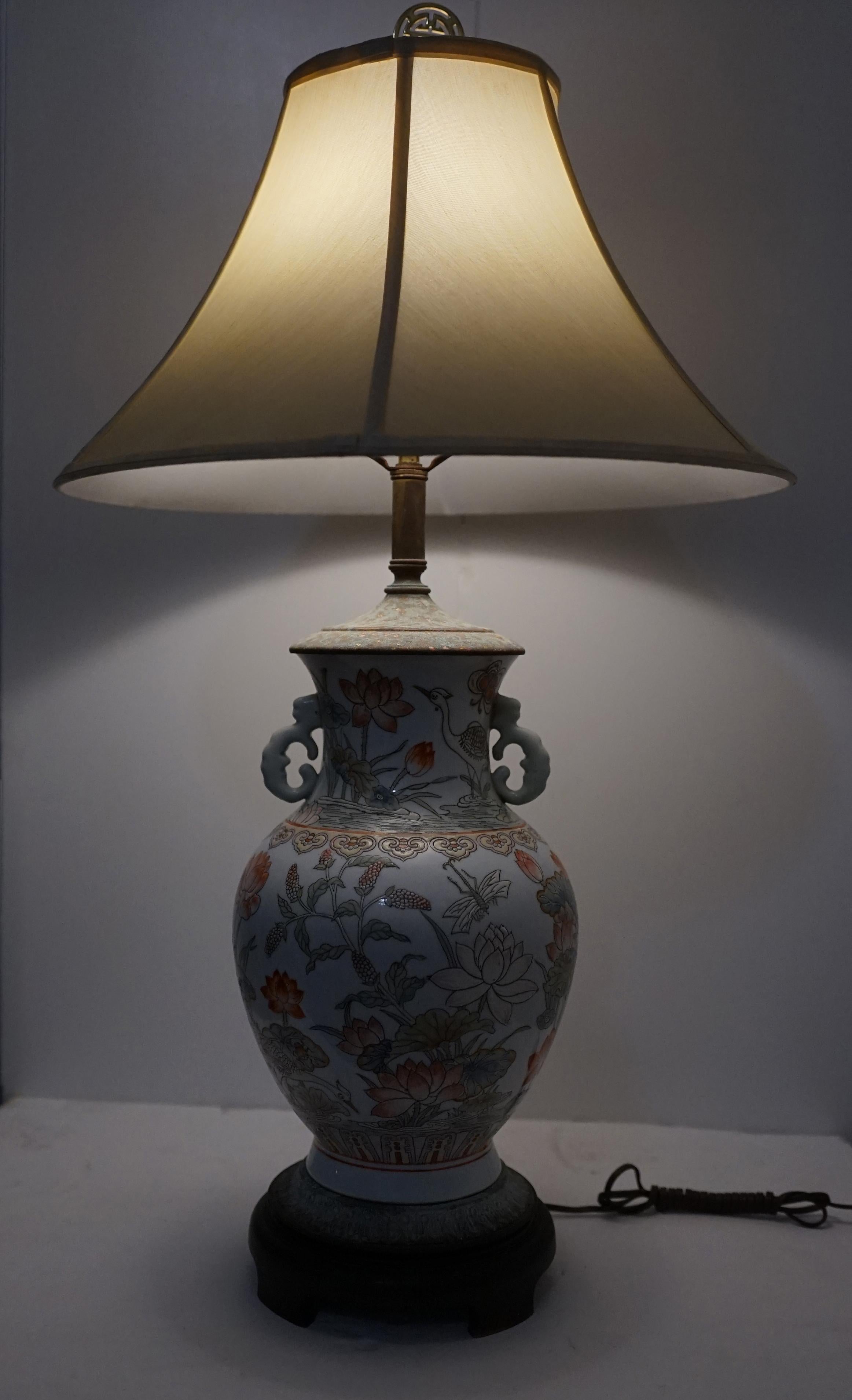 Hand-Painted 19th Century Famille Verte Vase Lamp Conversion on White Ground Large, Unusual  For Sale