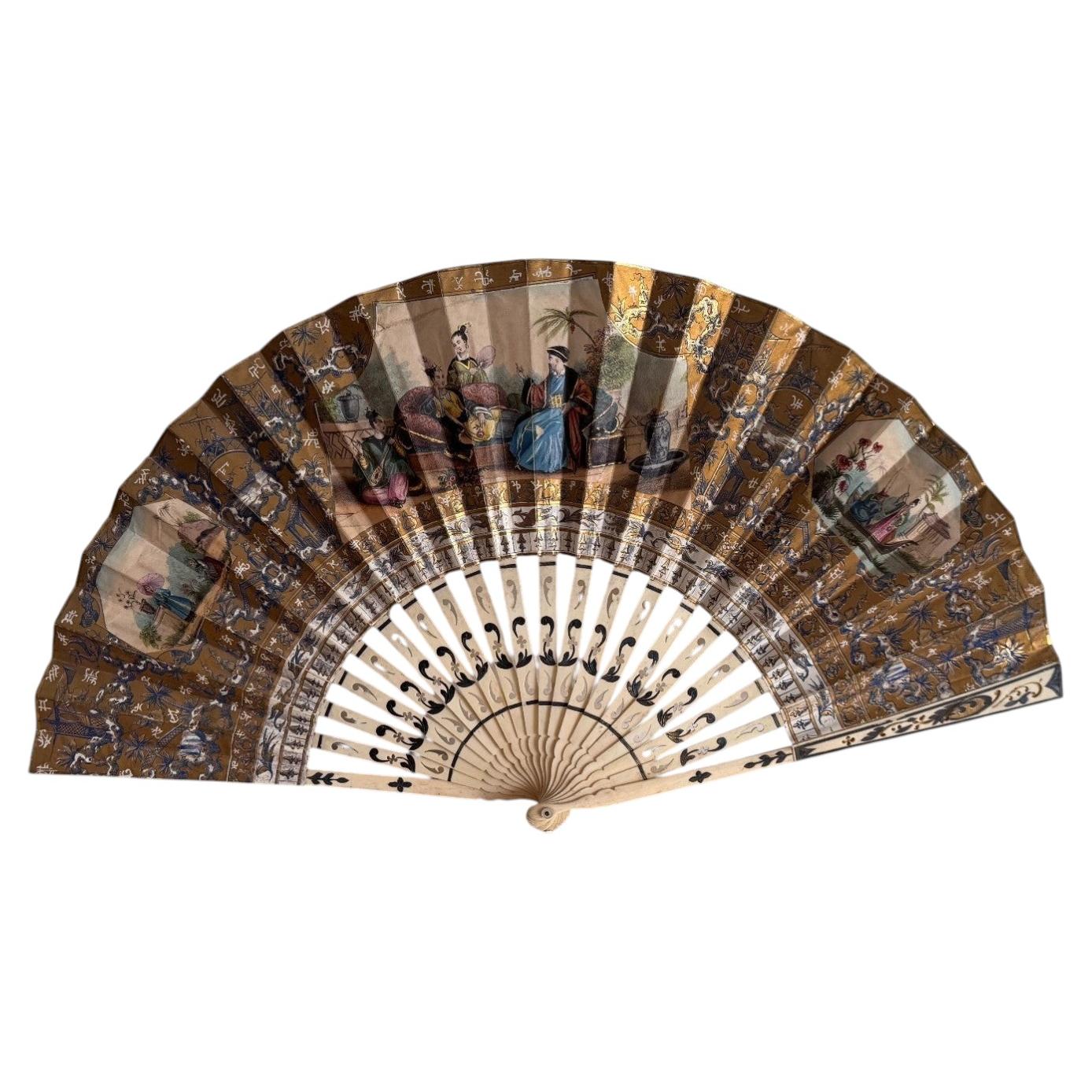 19th-Century Fan with Original Box, Chinoiserie Decoration