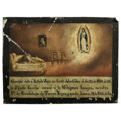 19th Century Fantastic Original Mexican Retablo "Exvotos" Oil on Tin