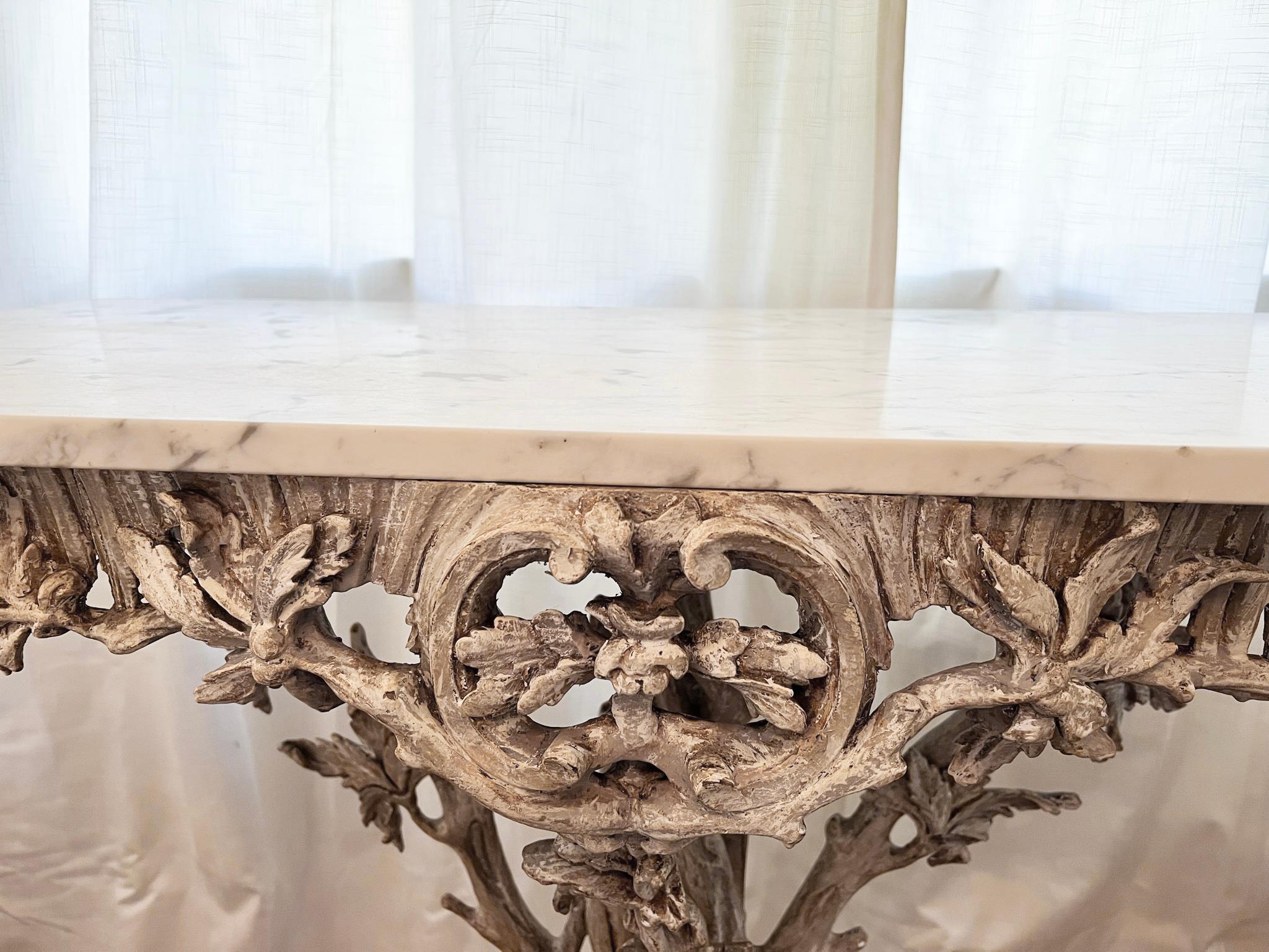 Italian 19th Century Fantasy Furniture Carved Arboreal Console Table with Carrara Top For Sale