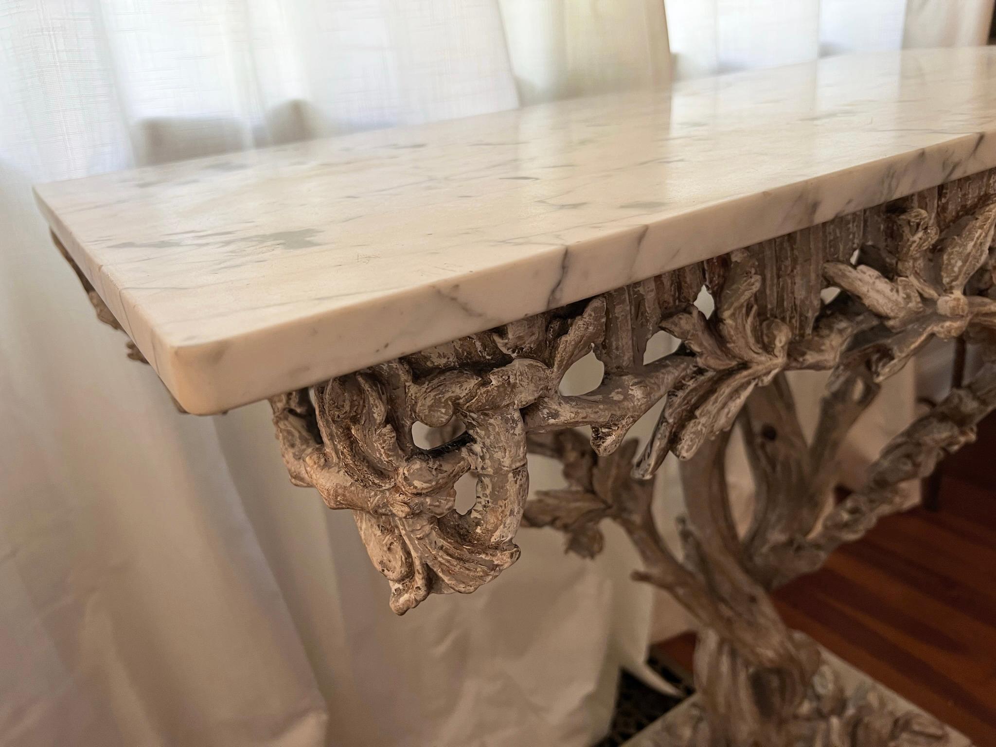 Carrara Marble 19th Century Fantasy Furniture Carved Arboreal Console Table with Carrara Top For Sale