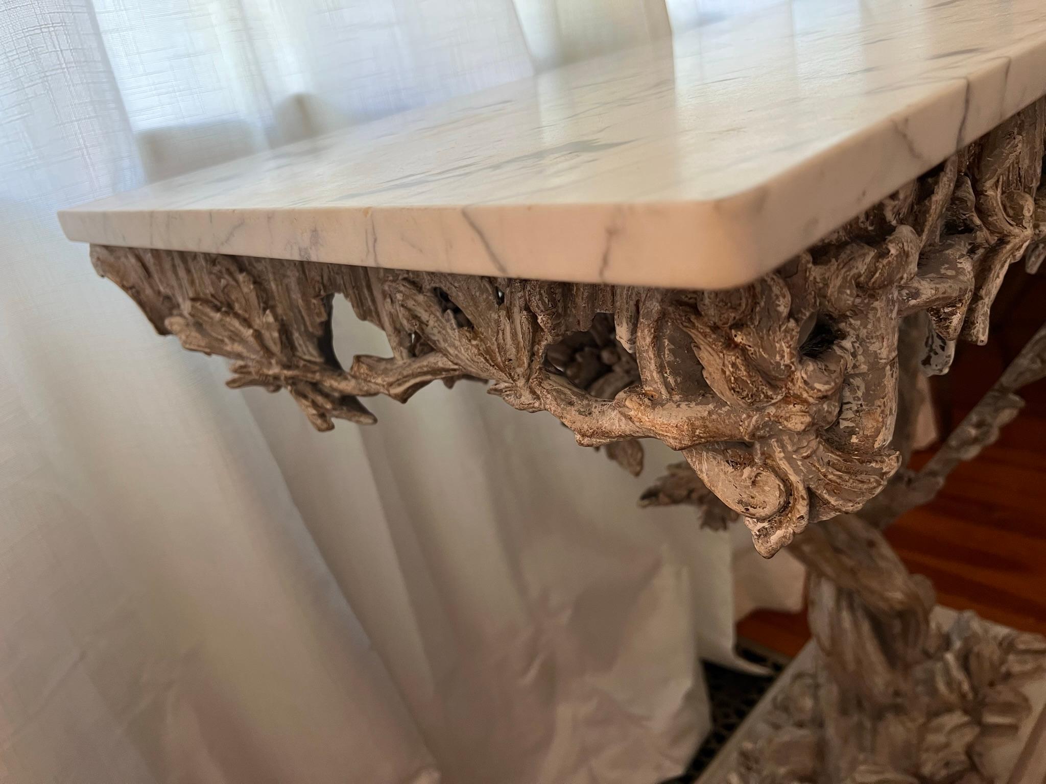19th Century Fantasy Furniture Carved Arboreal Console Table with Carrara Top For Sale 1