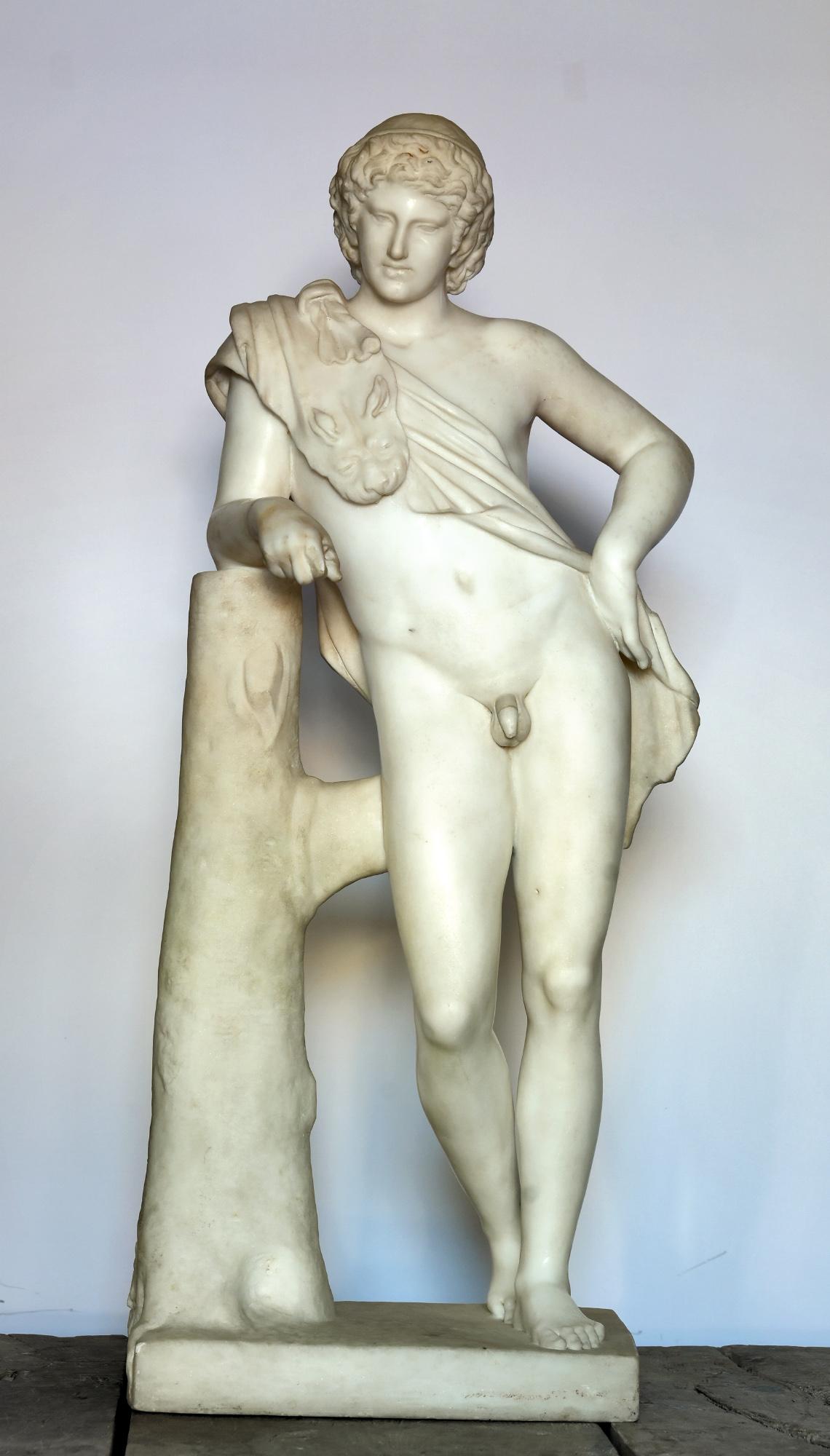 The statue is very fine and in high quality out of Carrara marble. It is worked out around 1800. You can see also an exemplar in the Capitoline Museums out of c. 130 AD

The Resting Satyr statue type shows a youthful satyr, sometimes referred to