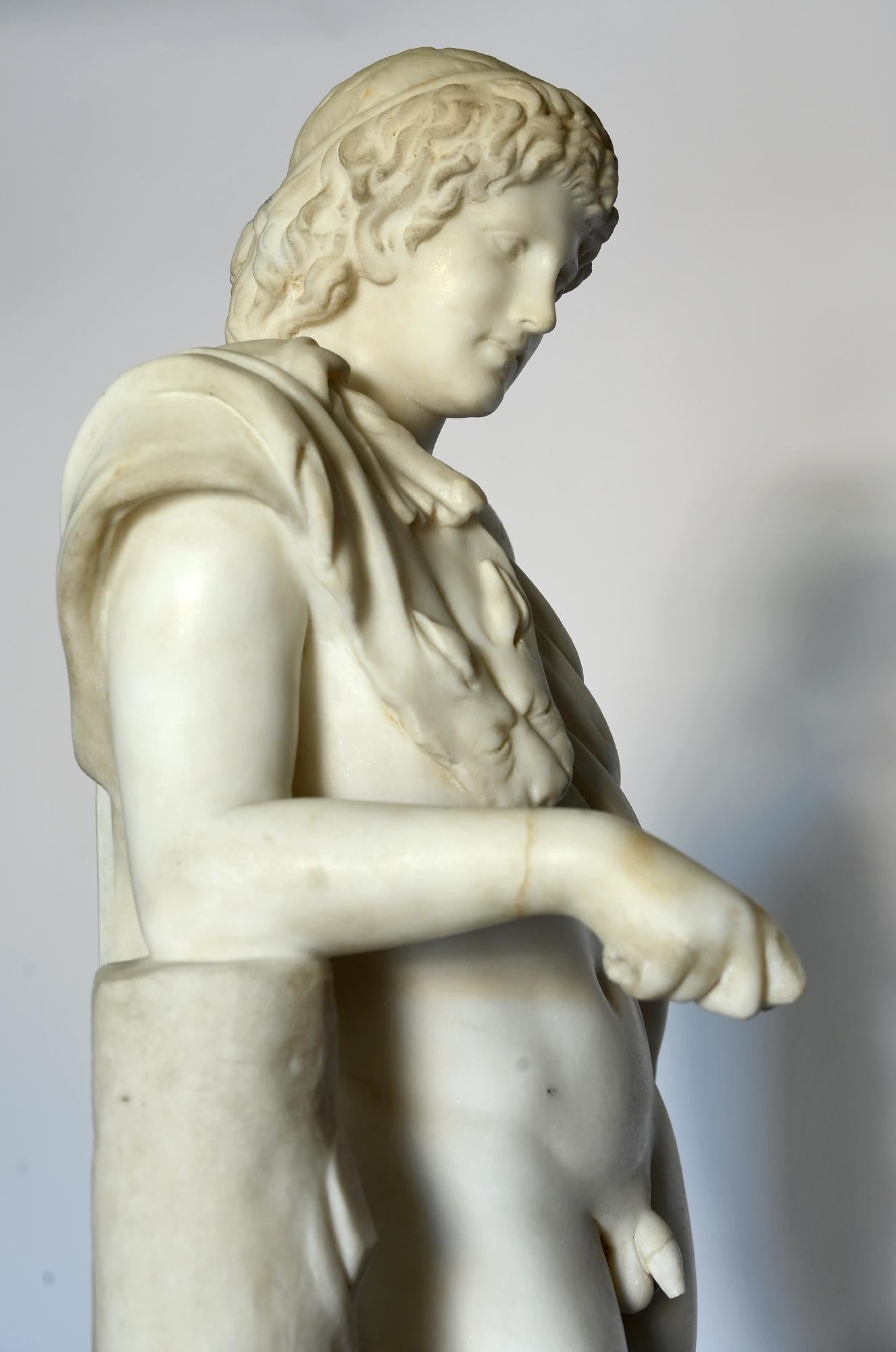 Marbre de Carrare Un faune de Praxiteles allongé ou en position de repos en marbre de Carrare du 19ème siècle, Italie  en vente
