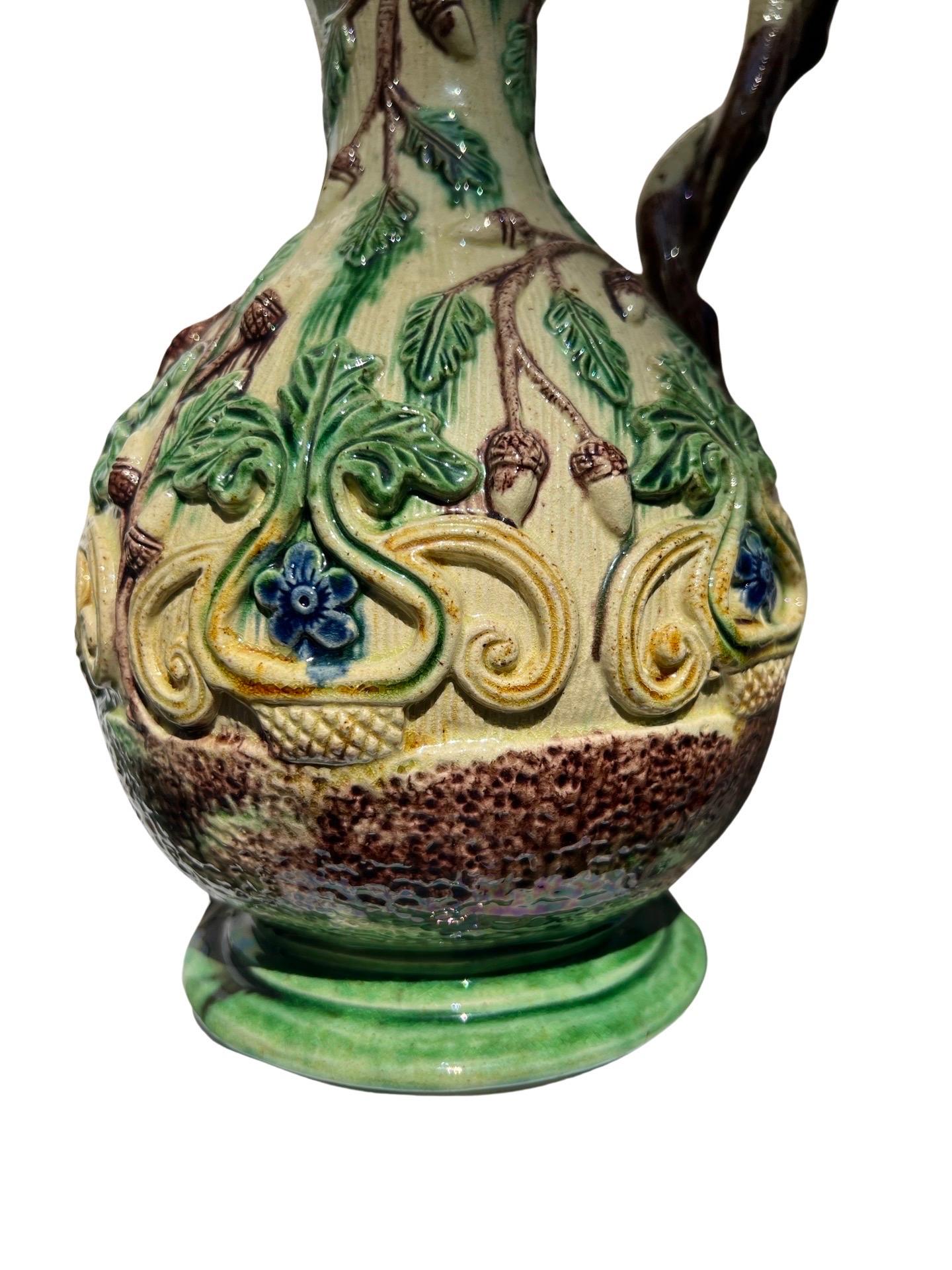 19th Century, Faux Bois Majolica Ewer W/ Acorn & Foliate Design In Good Condition For Sale In Atlanta, GA