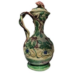 19th Century, Faux Bois Majolica Ewer W/ Acorn & Foliate Design