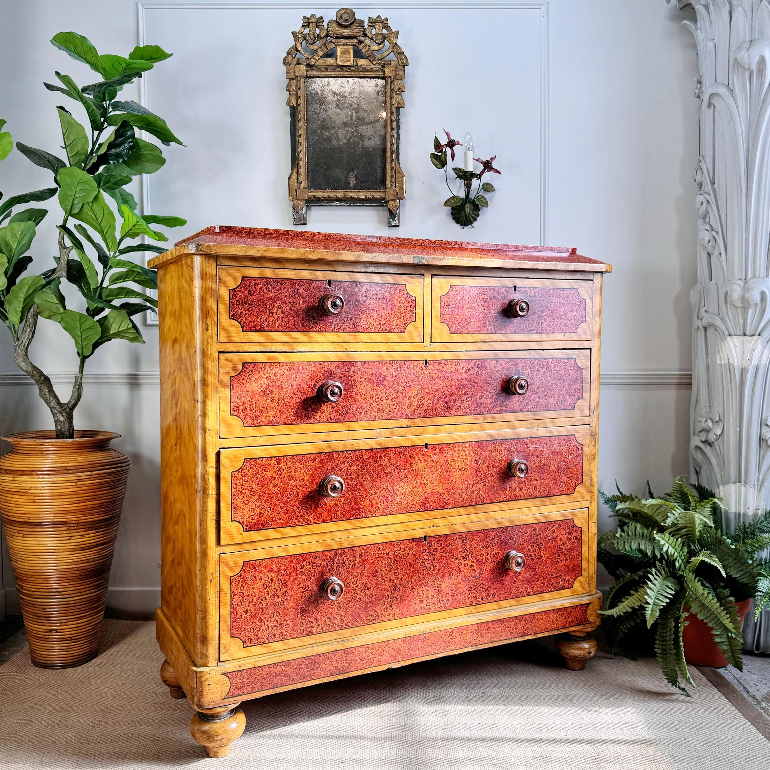 Hand-Crafted Biedermeier Faux Burlwood Painted Chest of Drawers For Sale