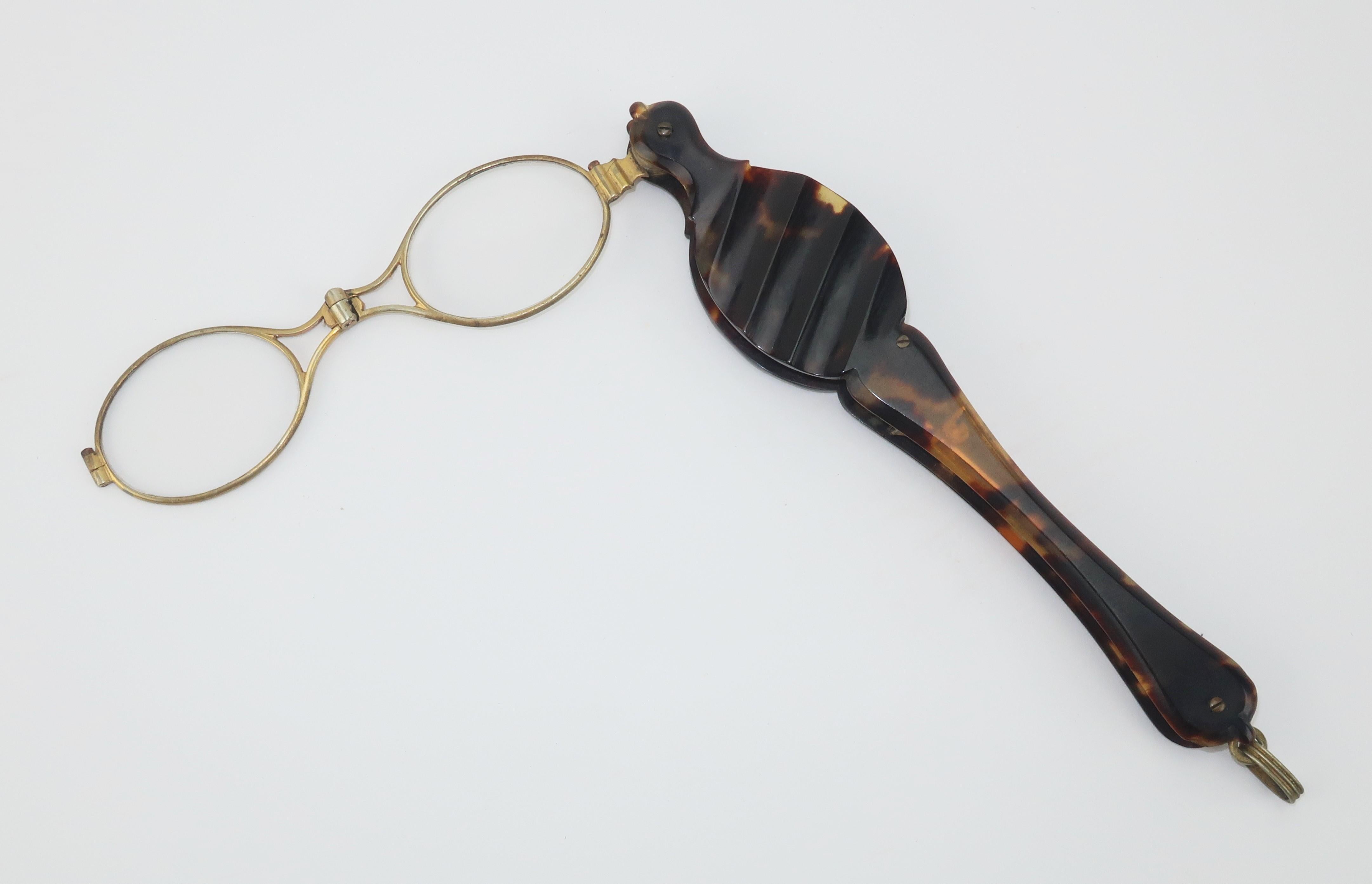 Women's or Men's 19th Century Faux Tortoise Shell Spring Loaded Lorgnette Glasses For Sale