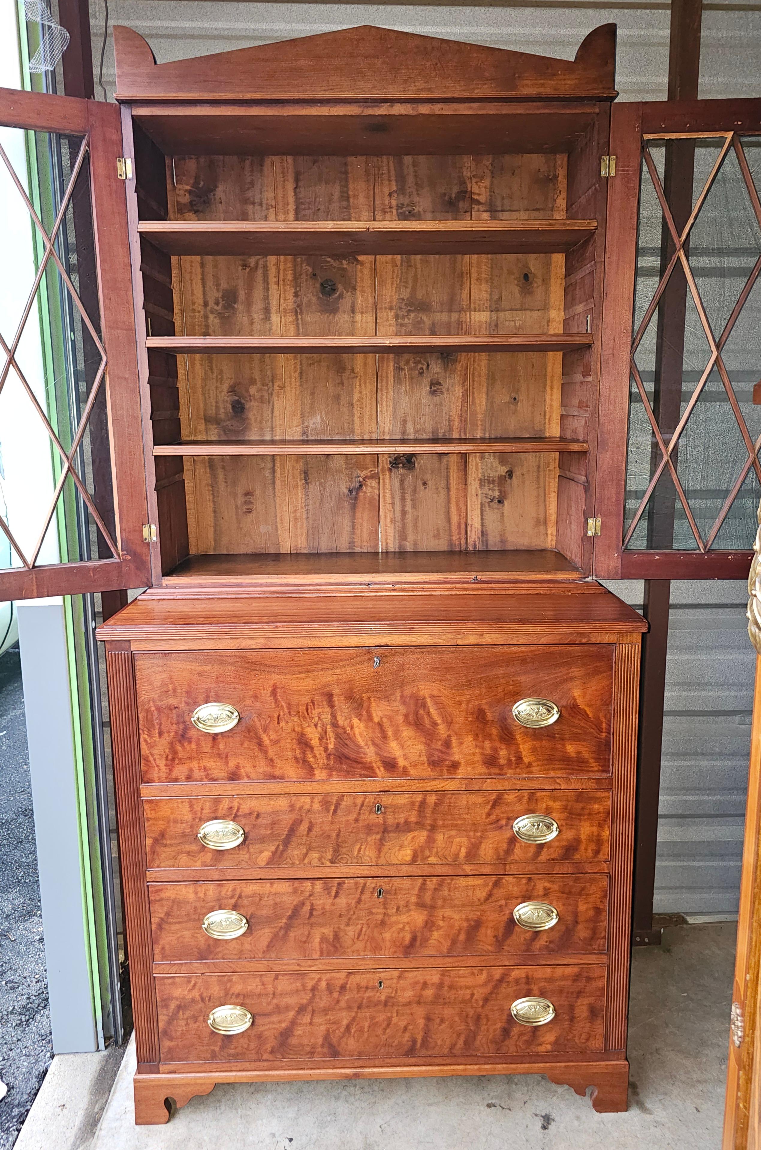 Glass 19th Century Federal Curly Tiger Figured Walnut Butler's Fall Front Desk For Sale