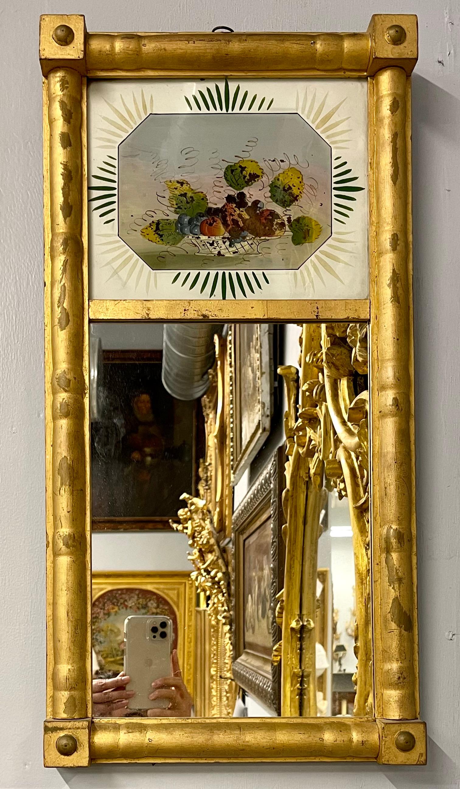 Gilt 19th Century Federal Eglomise Decorated Wall or Table Mirror For Sale