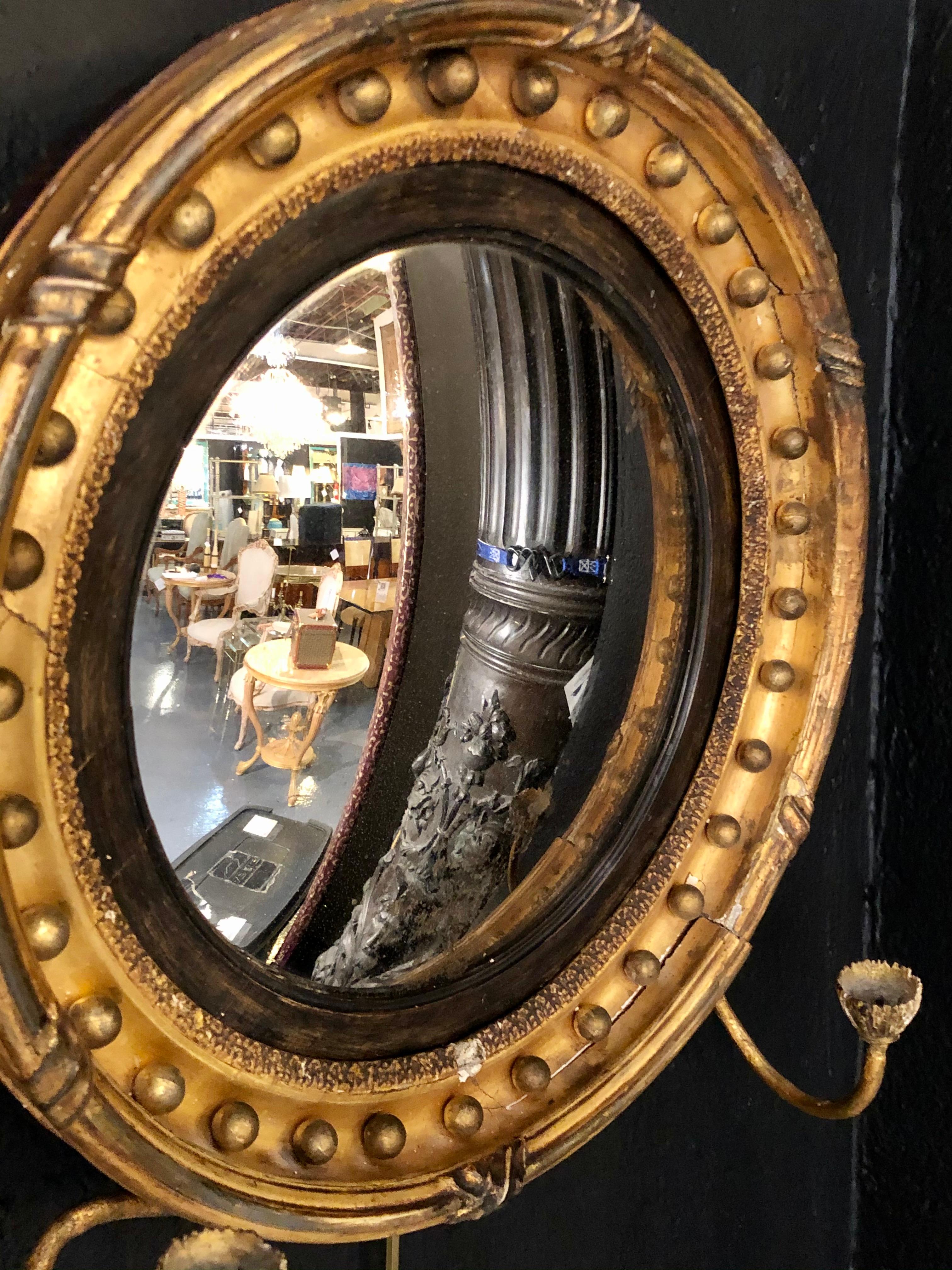 19th Century Federal Giltwood Bullseye Convex Mirror Wall Sconce 2