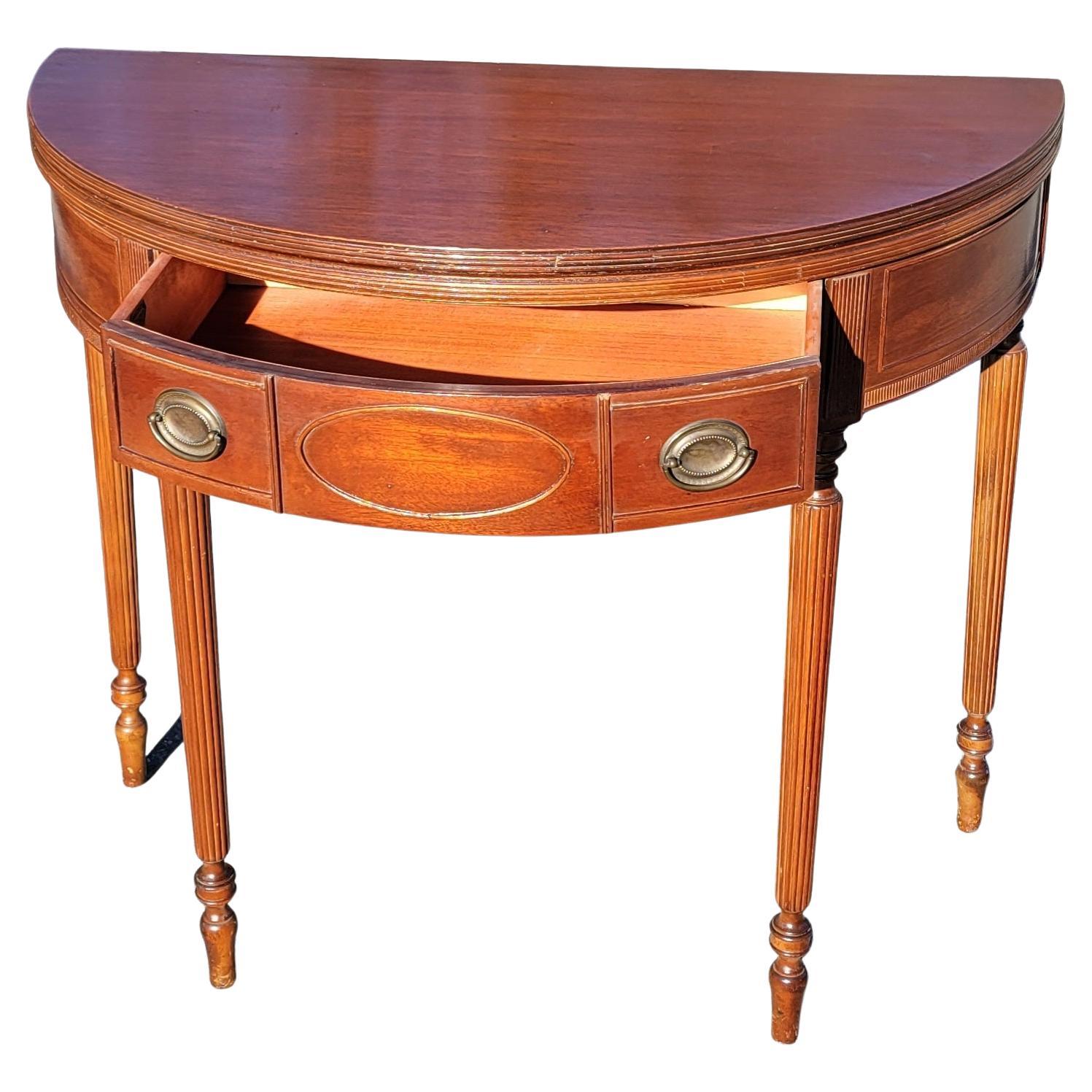 American 19th Century Federal Hepplewhite Mahogany Demi-Lune Flip-Top Console Card Table For Sale