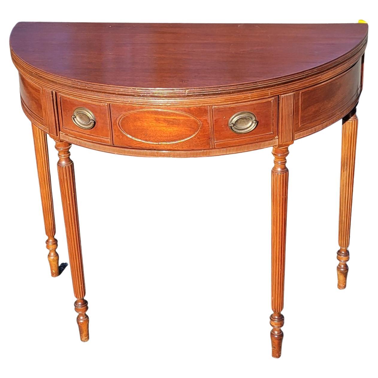 Brass 19th Century Federal Hepplewhite Mahogany Demi-Lune Flip-Top Console Card Table For Sale