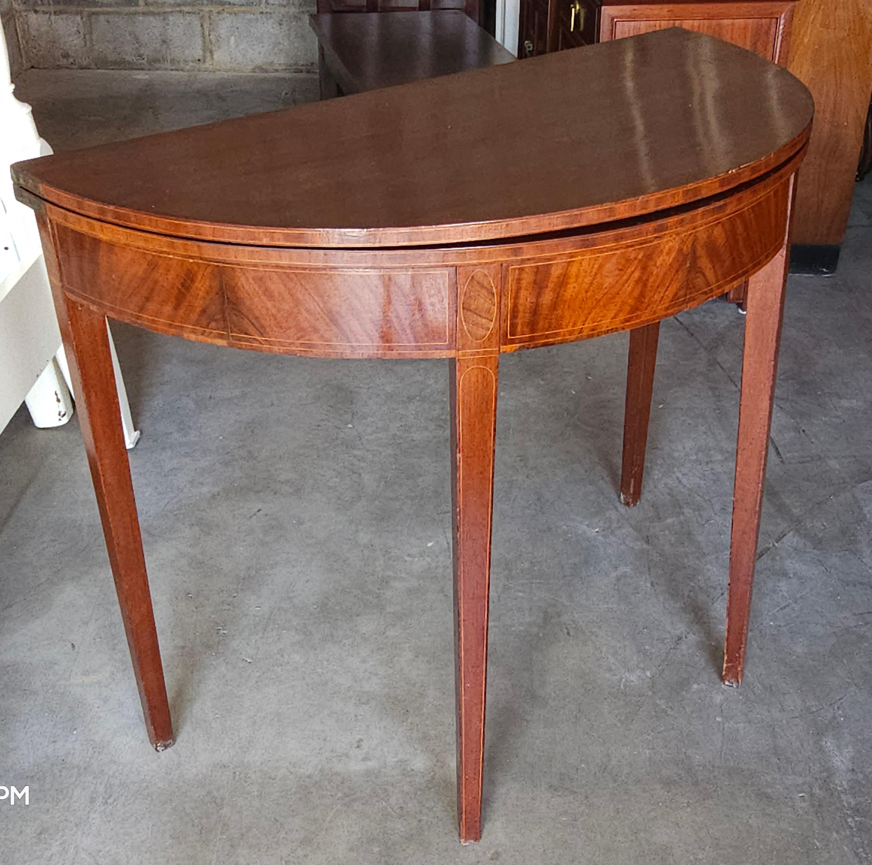 American 19th Century Federal Inlaid Mahogany Demilune Fold Top Console / Card Table For Sale