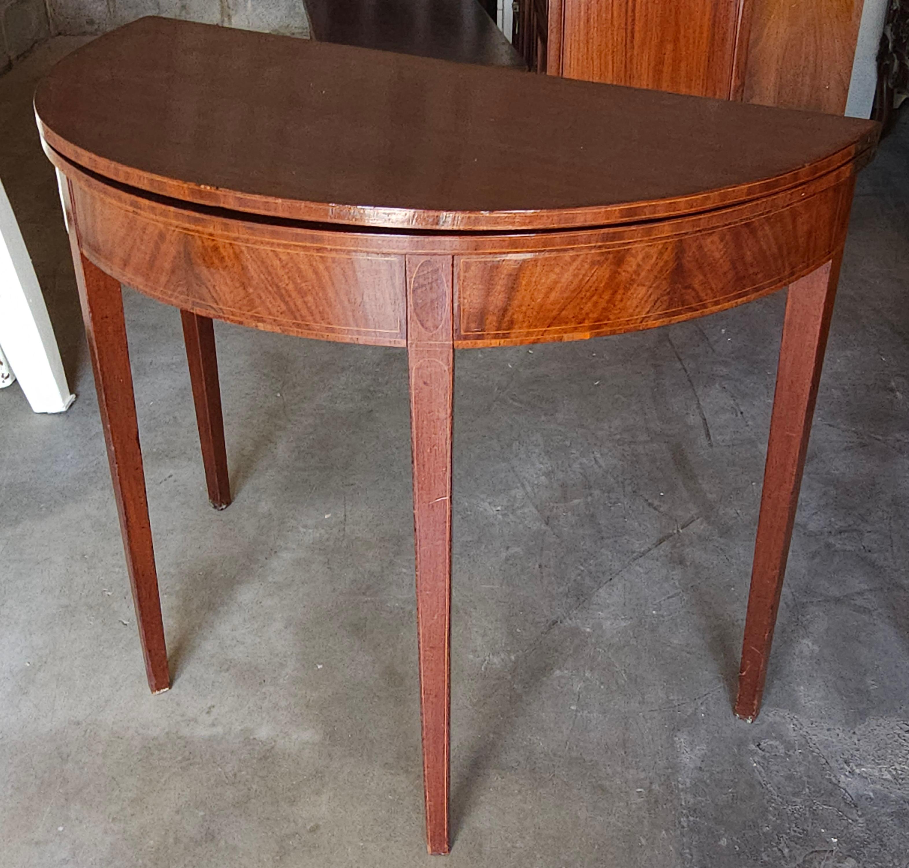 Inlay 19th Century Federal Inlaid Mahogany Demilune Fold Top Console / Card Table For Sale