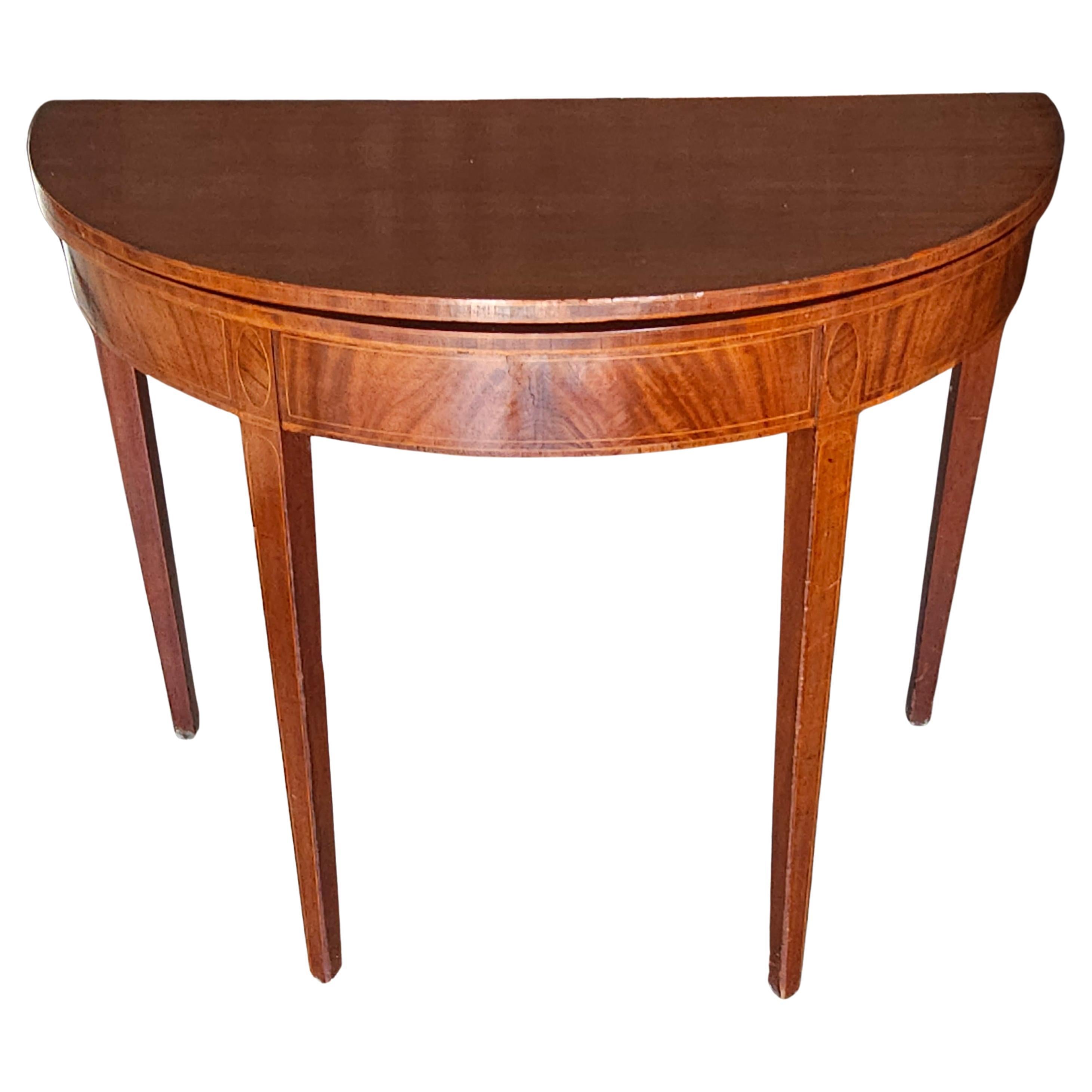 19. Jahrhundert Federal Intarsien Mahagoni Demilune Fold Top Konsole / Kartentisch