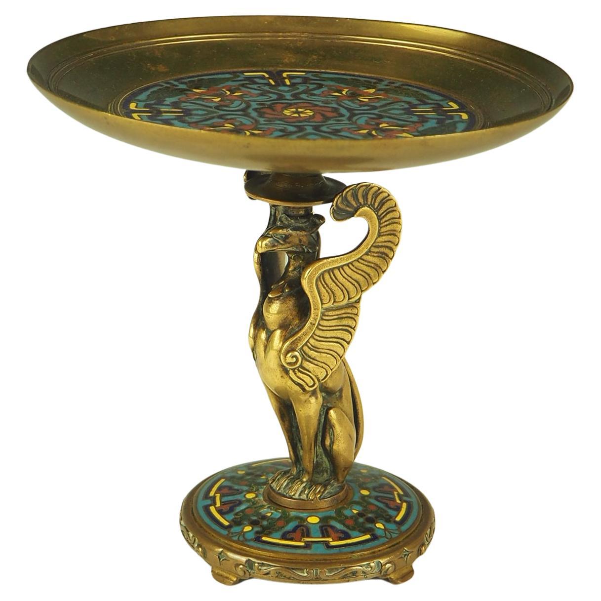 19th Century Ferdinand Barbedienne Gilt Bronze and Cloisonné Enamel Tazza Dish For Sale