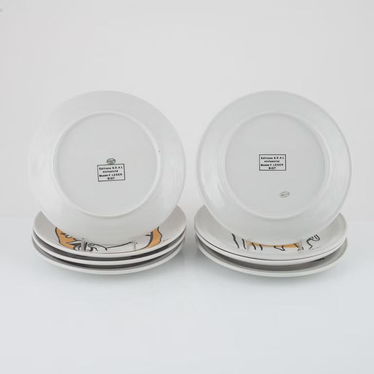 Printed decoration, signed F.L and F. Leger respectively. Marked Porcelaine Apilco France Editions S.E.A.L exclusivity Musée F. Leger Biot. 

French painter, sculptor and designer Fernand Leger, was heavily influenced by modern Industrial technology