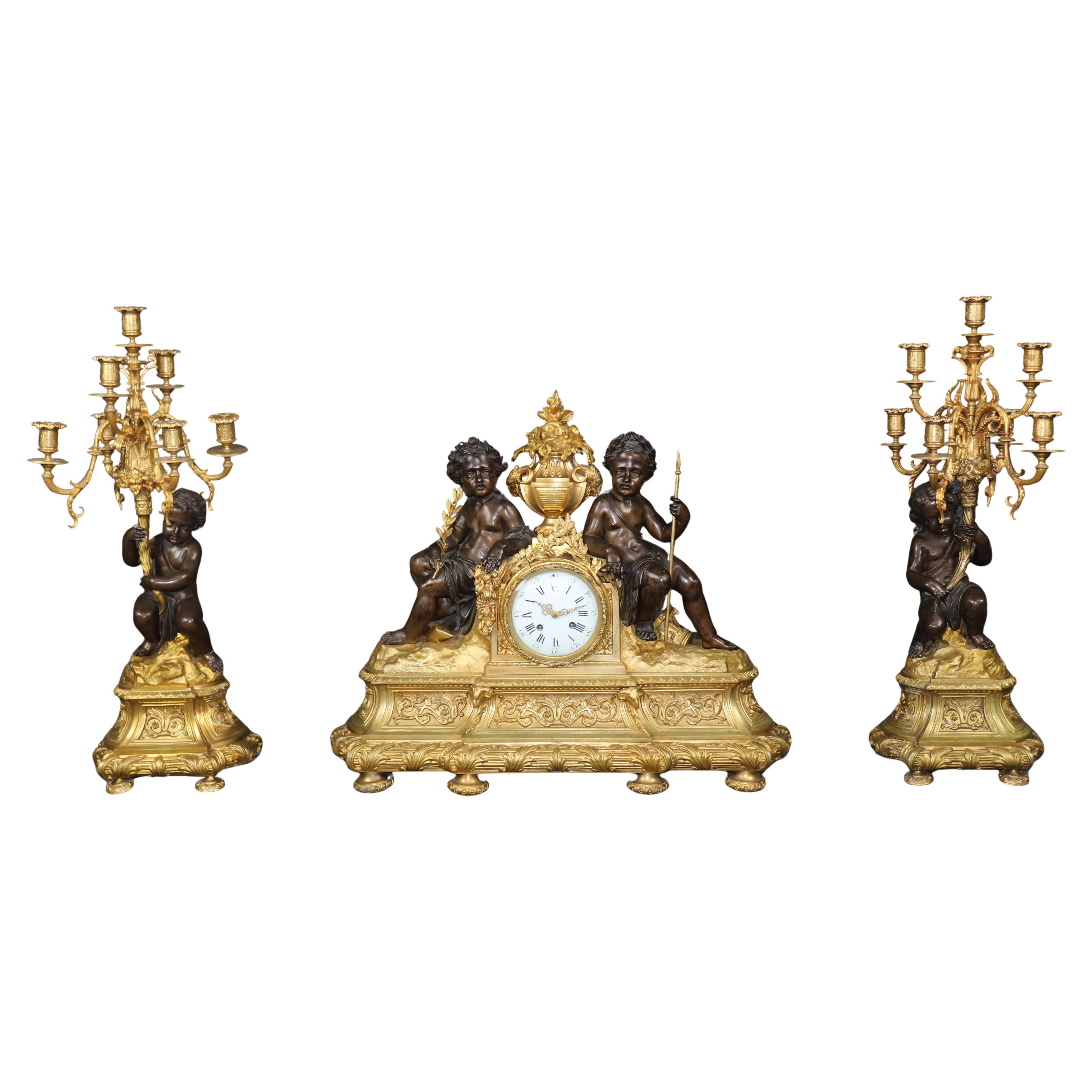 19th C. French Louis XVI Patinated And Ormolu Bronze Clock Set By Millard Paris