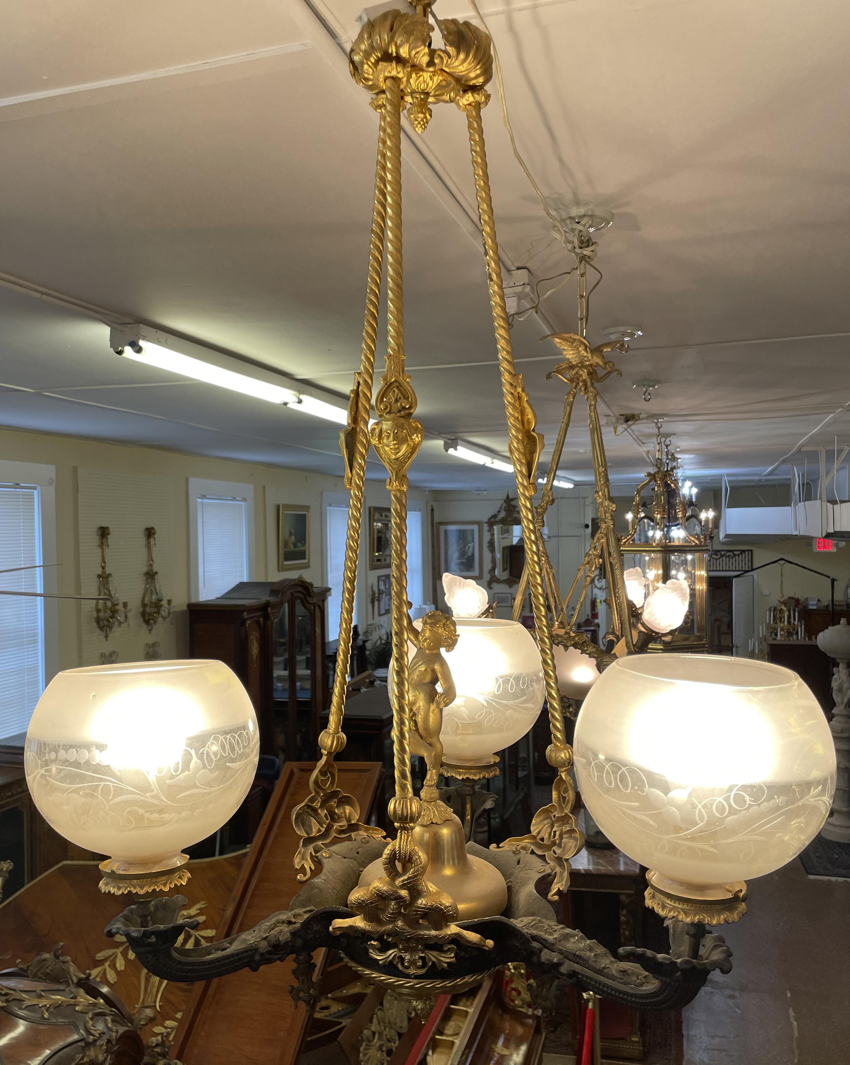 American 19th Century Figural Gasoliier Chandelier Attributed to Cornelius & Baker  For Sale