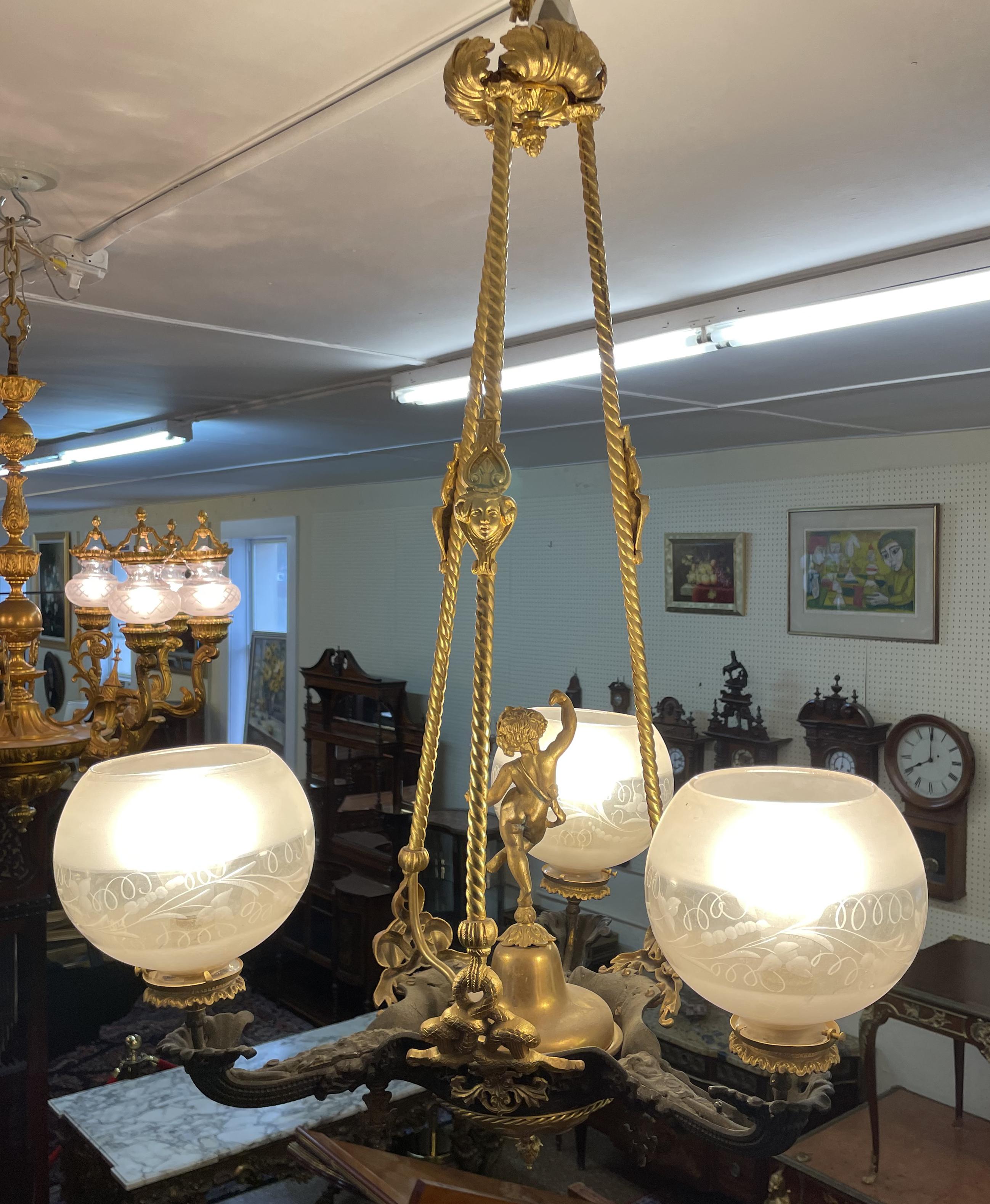 19th Century Figural Gasoliier Chandelier Attributed to Cornelius & Baker  In Good Condition For Sale In Long Branch, NJ