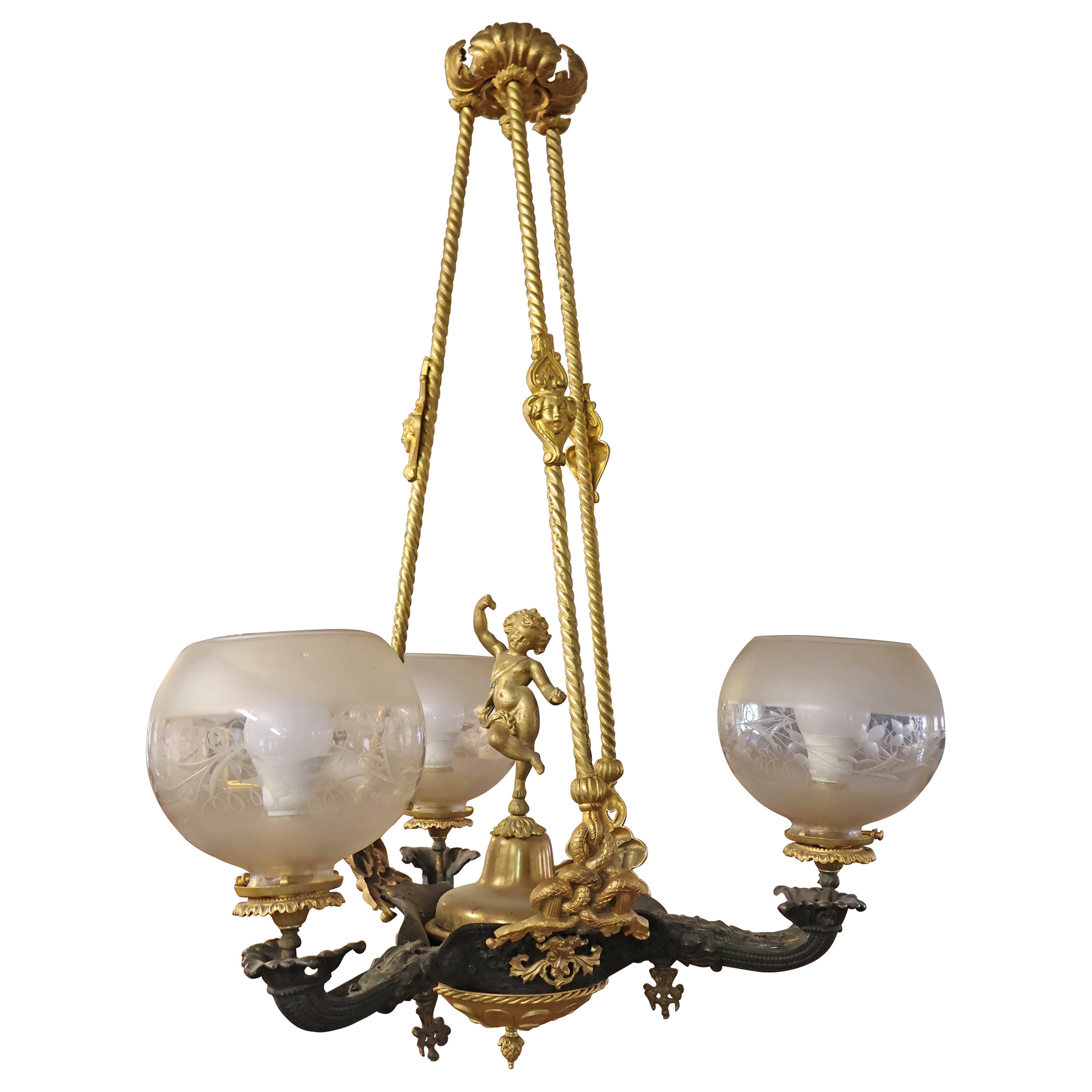 Lampadario figurato a gasolio del XIX secolo attribuito a Cornelius & Baker