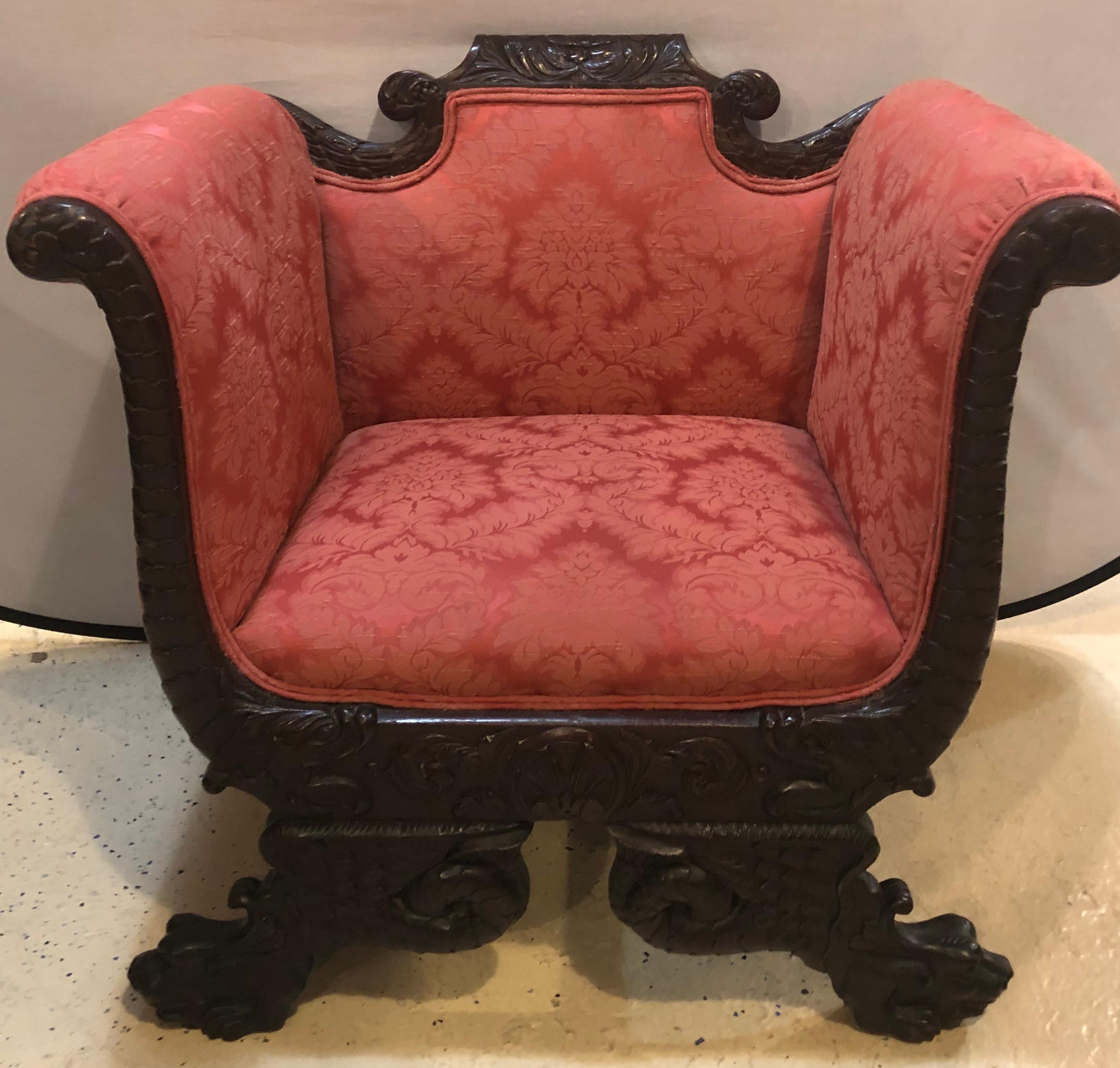 19th Century Figure Carved Victorian Armchair in Lovely Rose Colored Upholstery 9